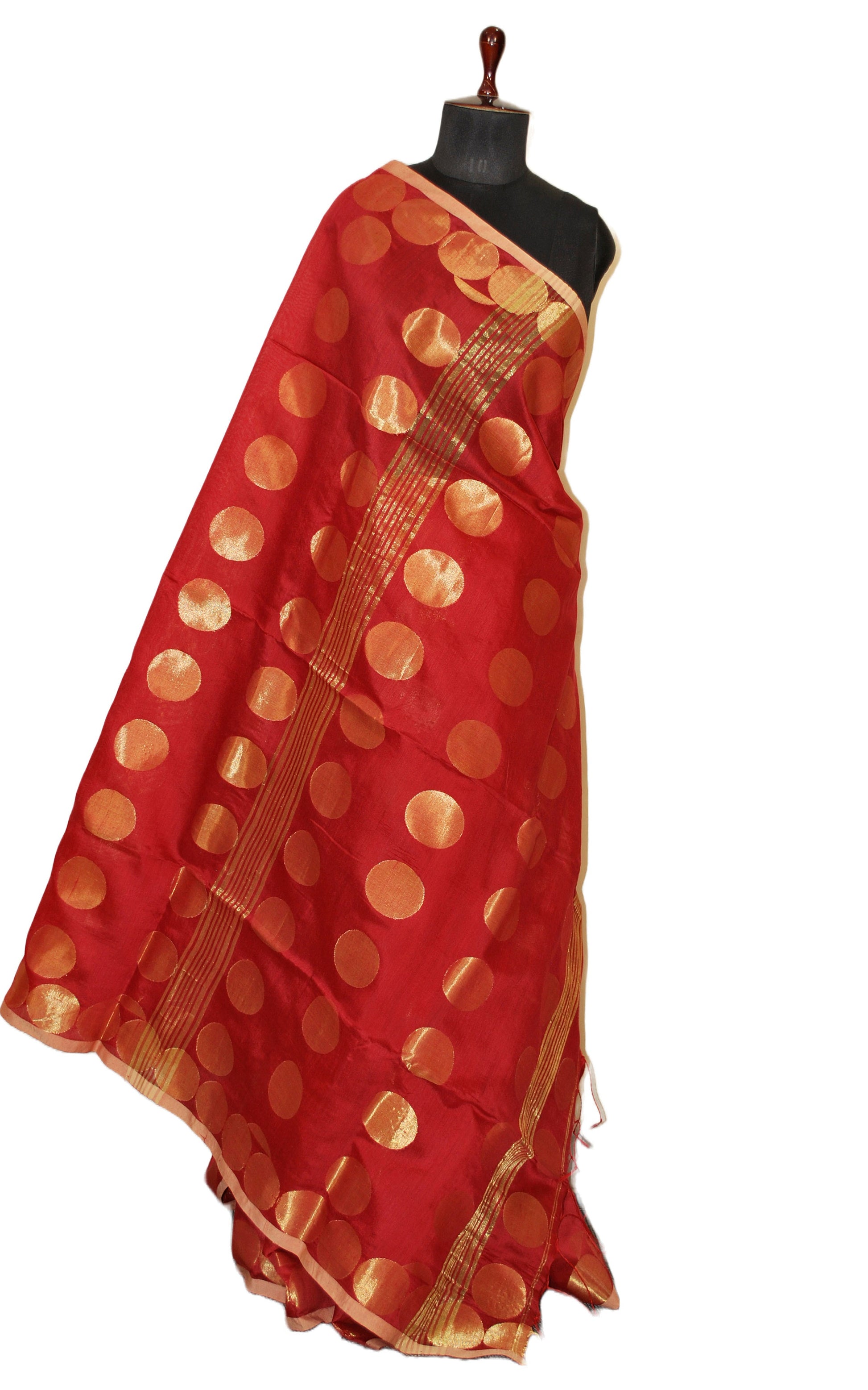 Blended Cotton Silk Saree with Golden Polka Dots in Maroon