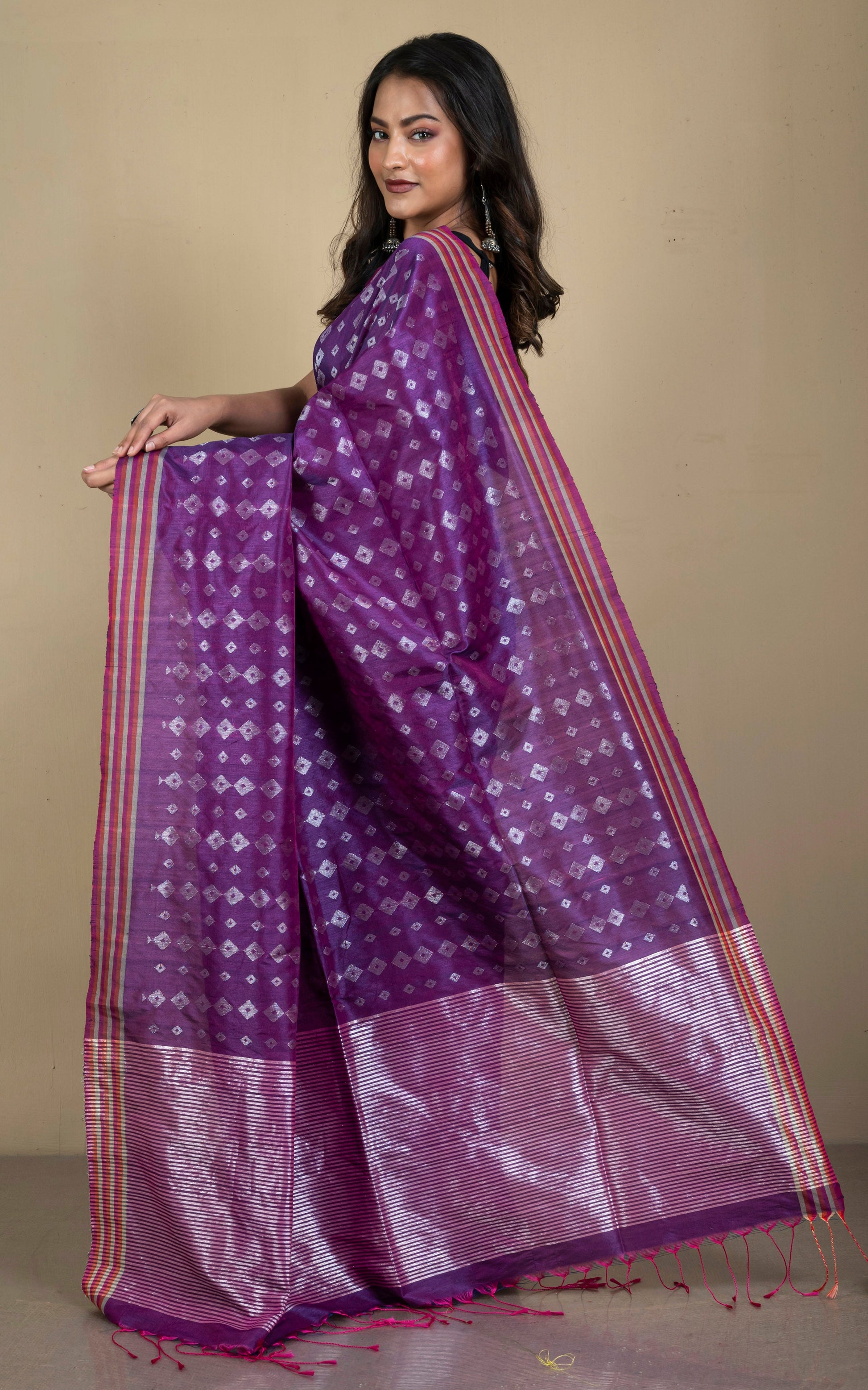 Designer Jute Cotton Katan Silk Saree in Russian Violet, Brick Red, Birch and Silver Zari Work