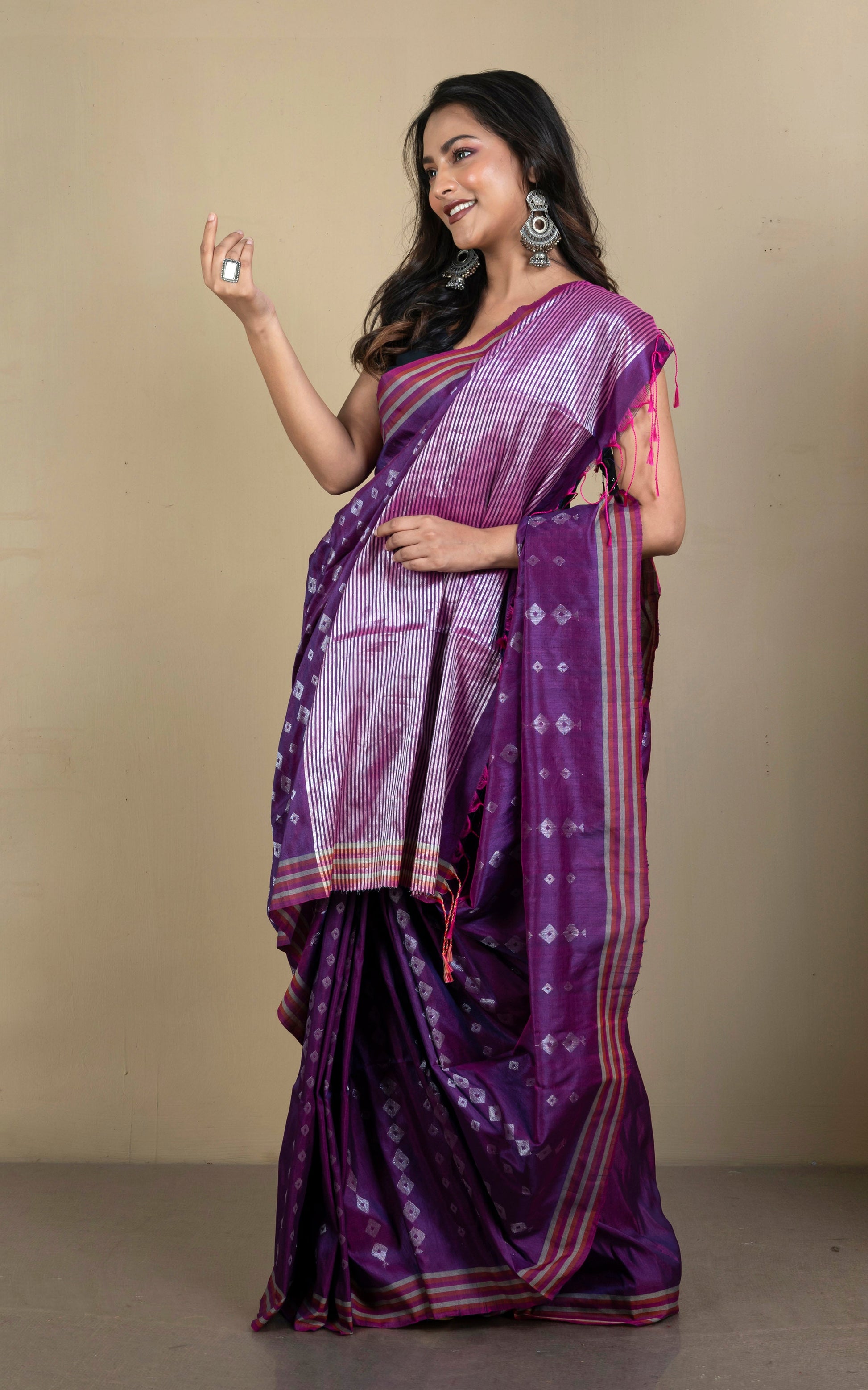 Designer Jute Cotton Katan Silk Saree in Russian Violet, Brick Red, Birch and Silver Zari Work