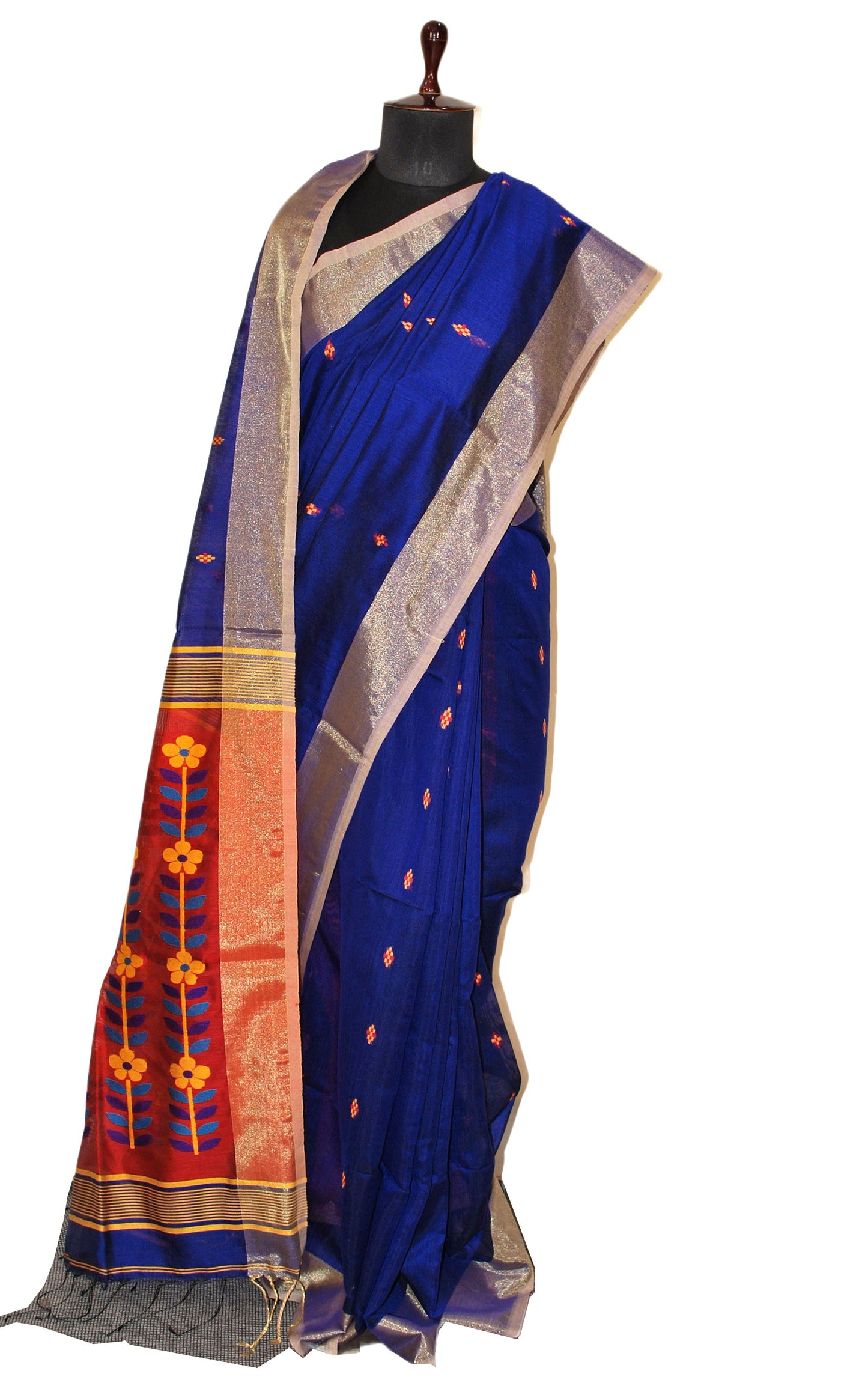 Blended Cotton Silk Jamdani Saree in Navy Blue, Golden Yellow, Black and Venetian Red