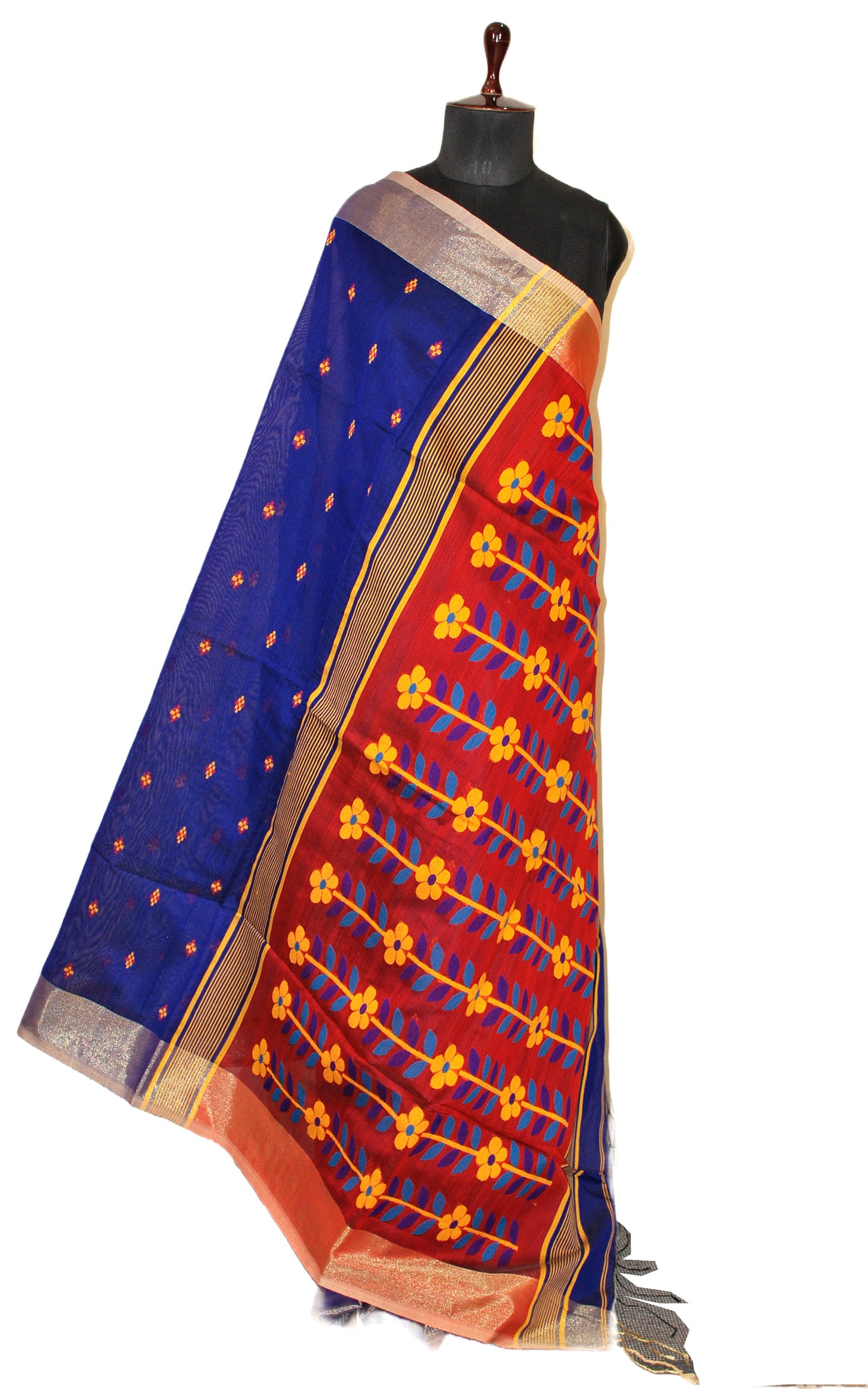 Blended Cotton Silk Jamdani Saree in Navy Blue, Golden Yellow, Black and Venetian Red