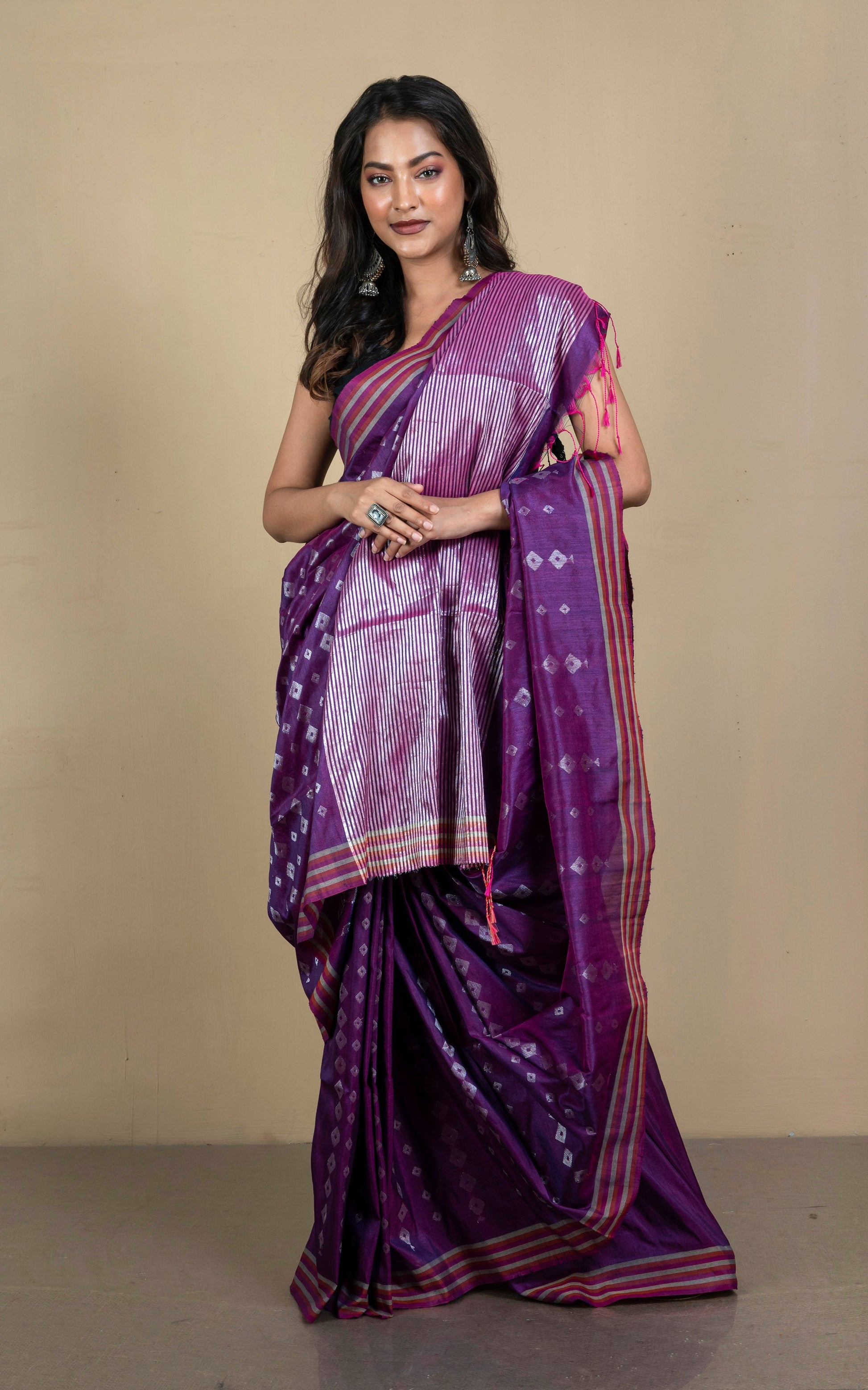 Designer Jute Cotton Katan Silk Saree in Russian Violet, Brick Red, Birch and Silver Zari Work