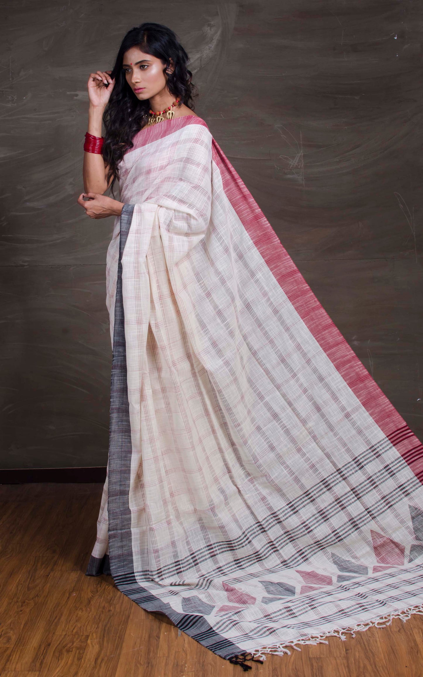 Khadi Soft Cotton Saree with Ganga Jamuna Border in Off White, Red and Black - Bengal Looms India