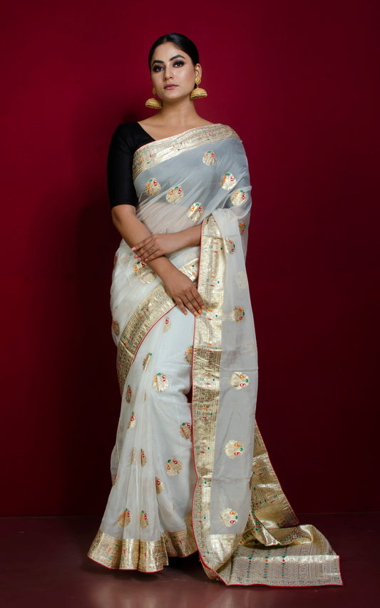 Designer Kora Silk Banarasi Saree in White, Gold and Multicolored Thread Work