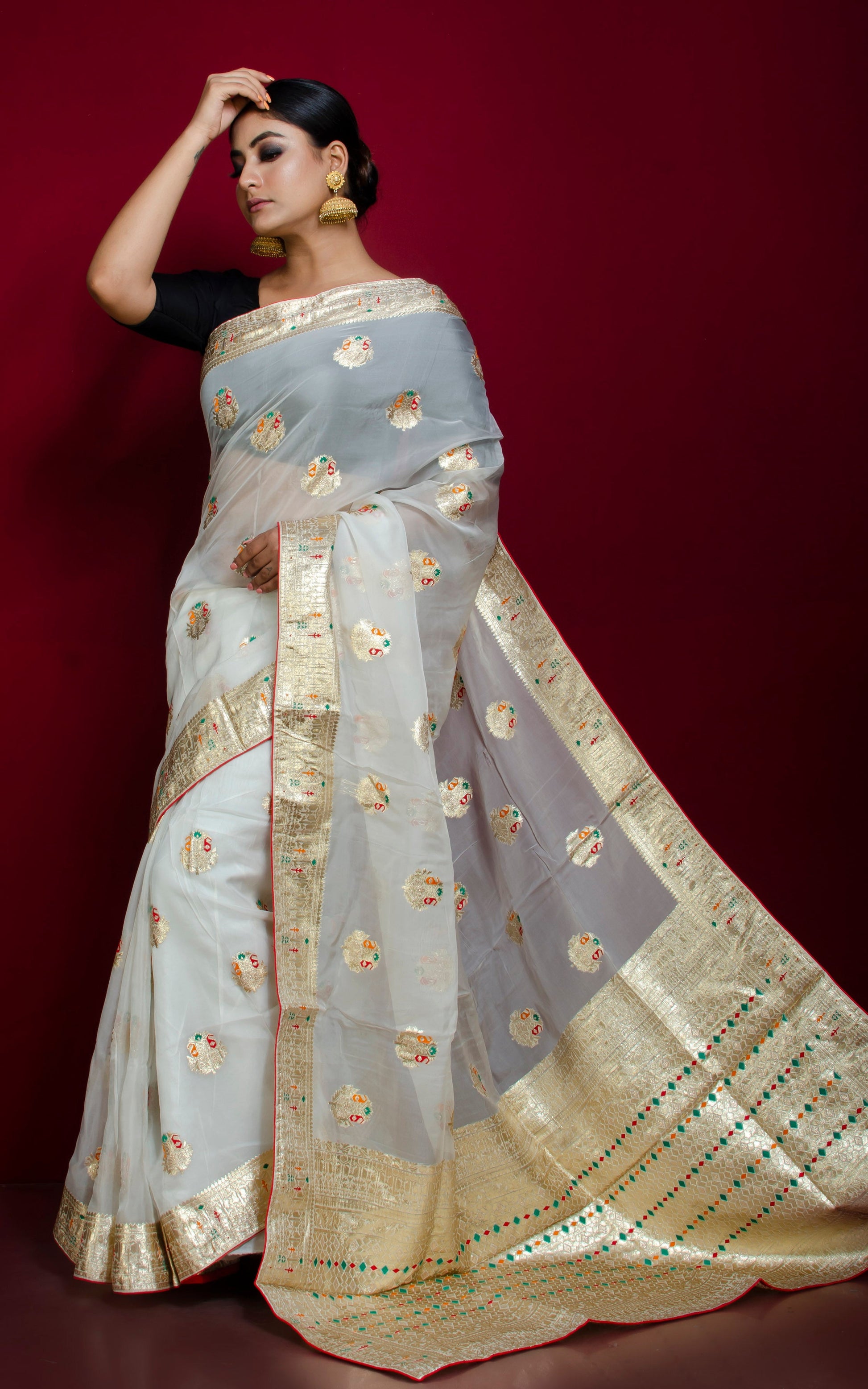 Designer Kora Silk Banarasi Saree in White, Gold and Multicolored Thread Work