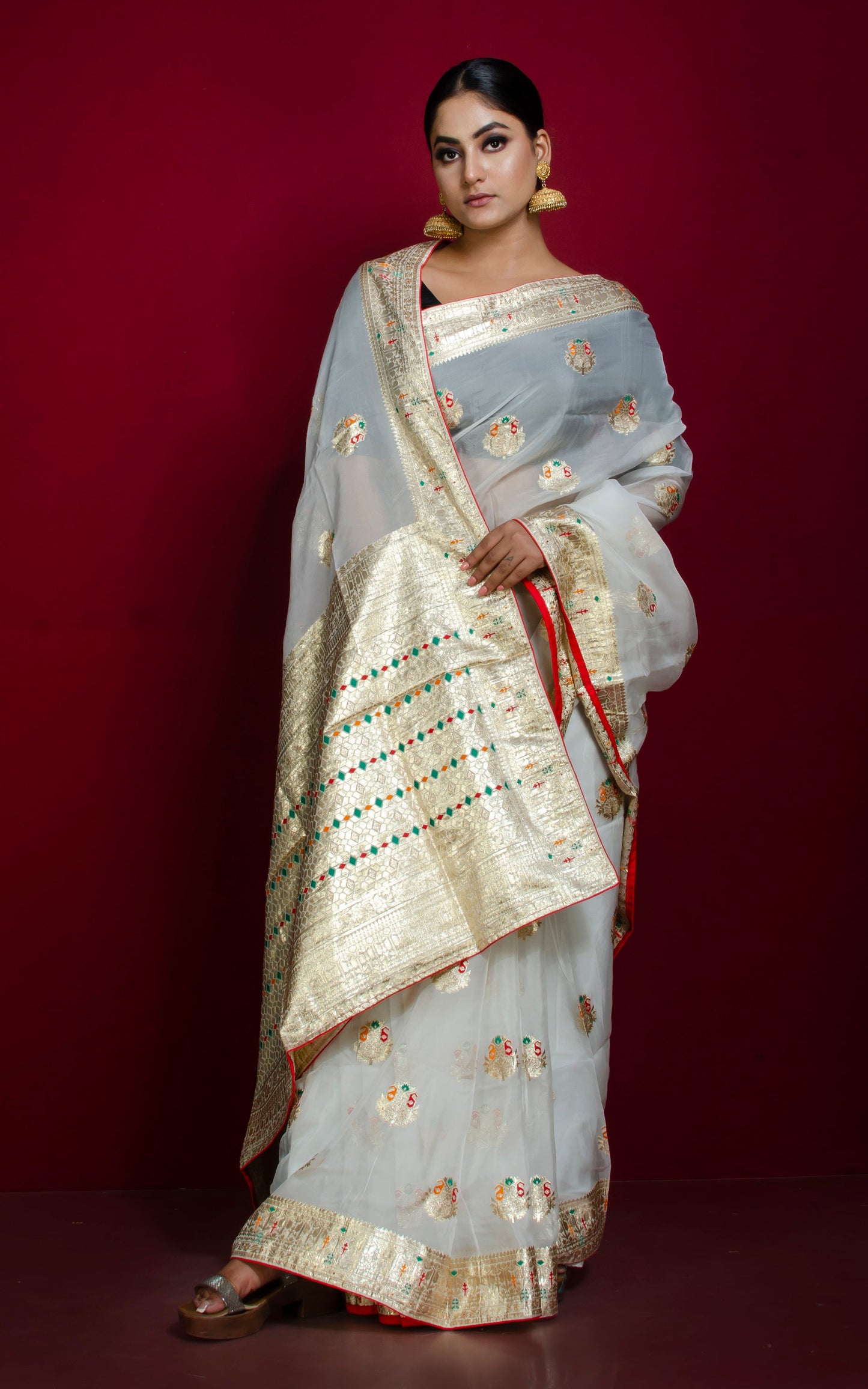 Designer Kora Silk Banarasi Saree in White, Gold and Multicolored Thread Work