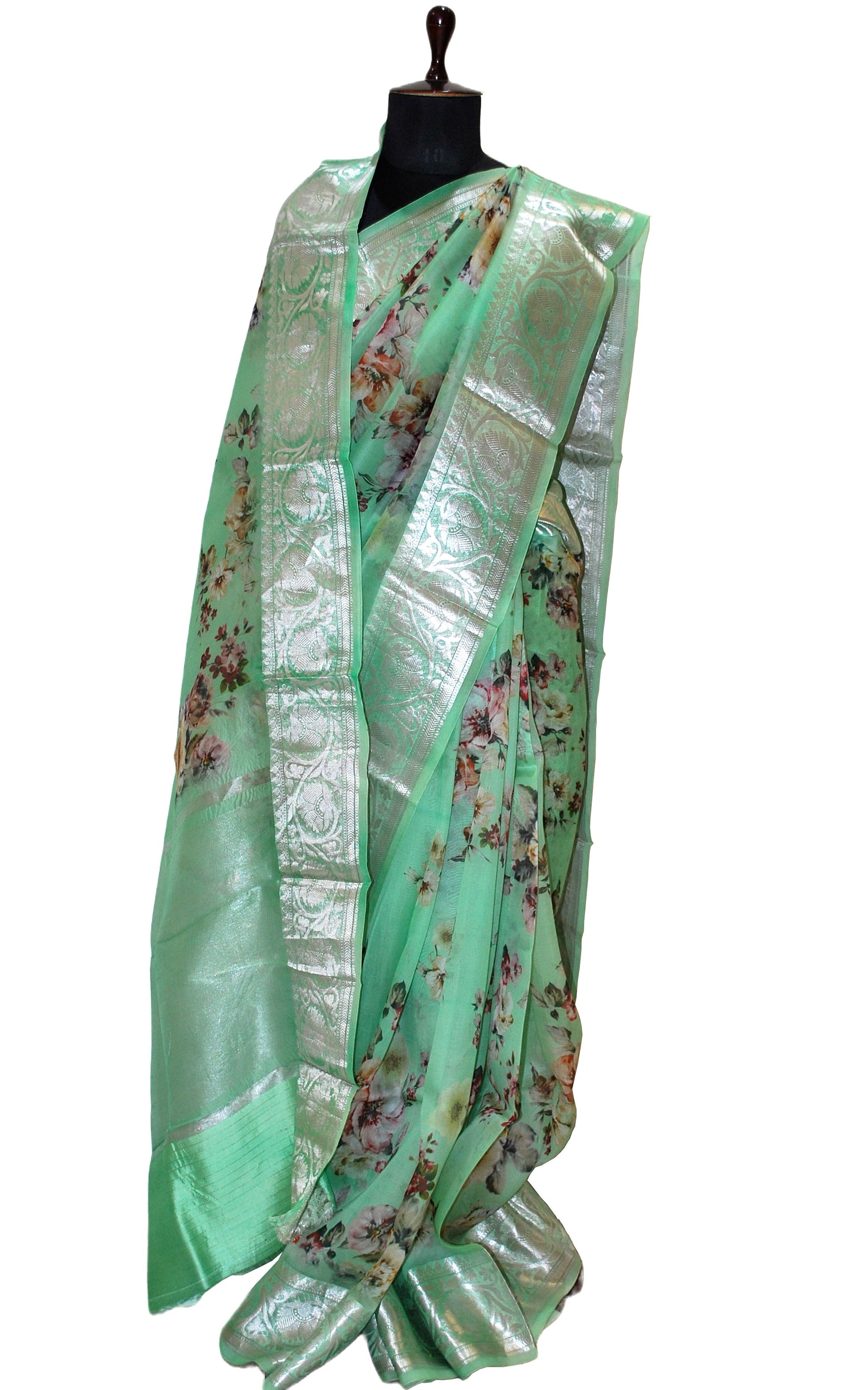 Digital Printed Handloom Kora Silk Banarasi Saree in Paris Green, Multicolored and Antique Silver Zari