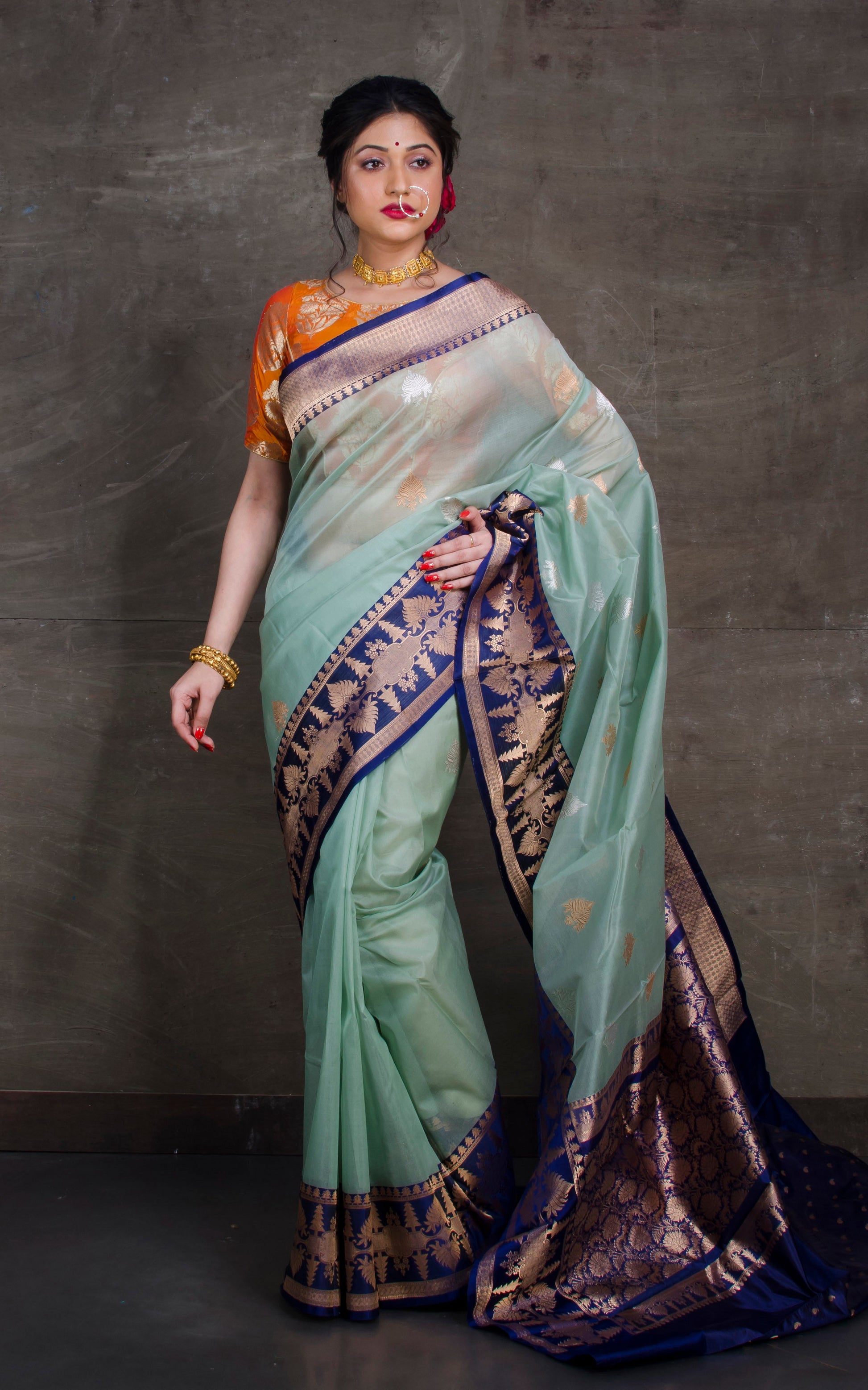 Pure Handloom Kora Silk Banarasi Saree in Pistachio and Denim Blue