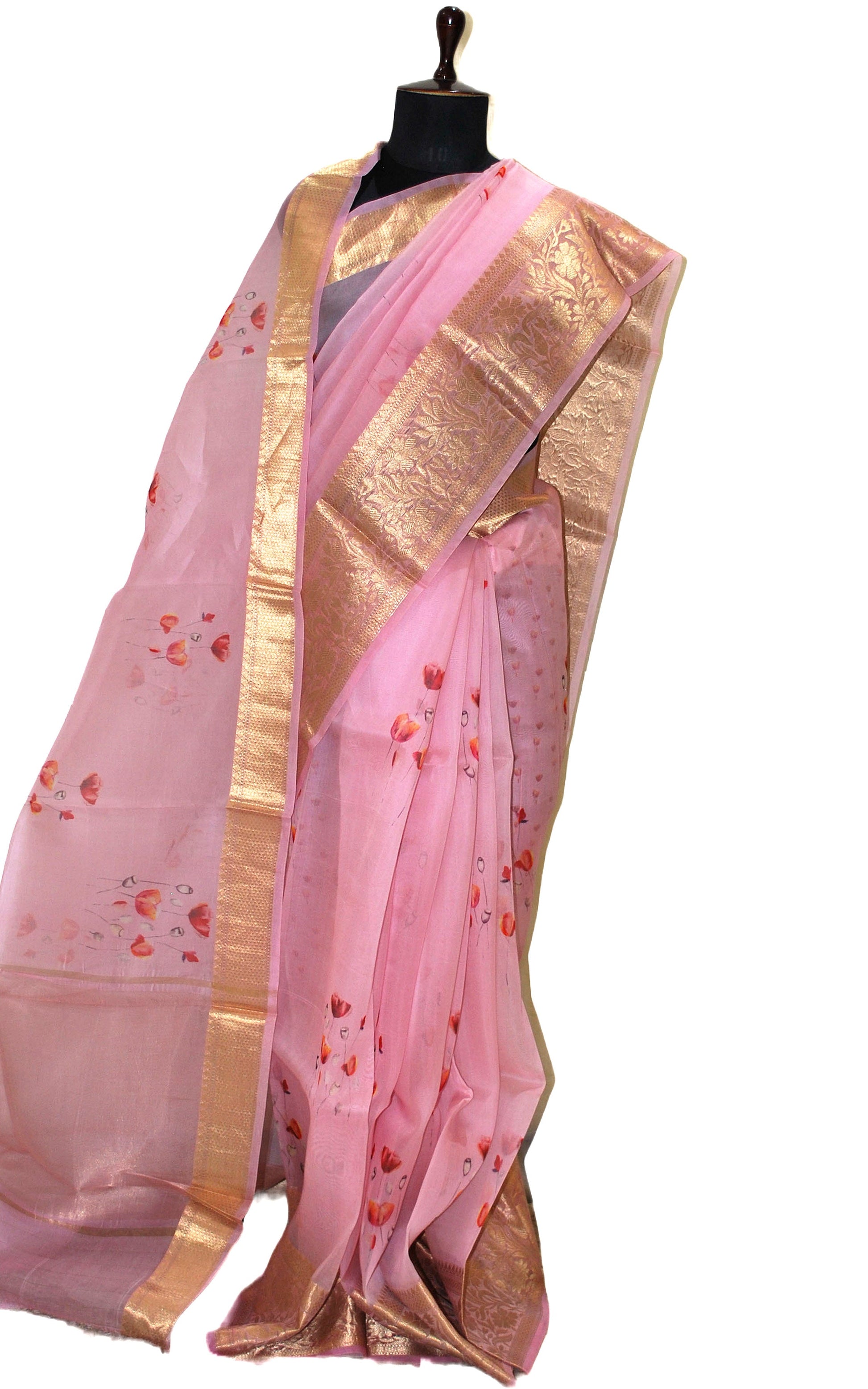 Digital Printed Handloom Kora Silk Banarasi Saree in Pink, Plum Red and Brush Golden Zari