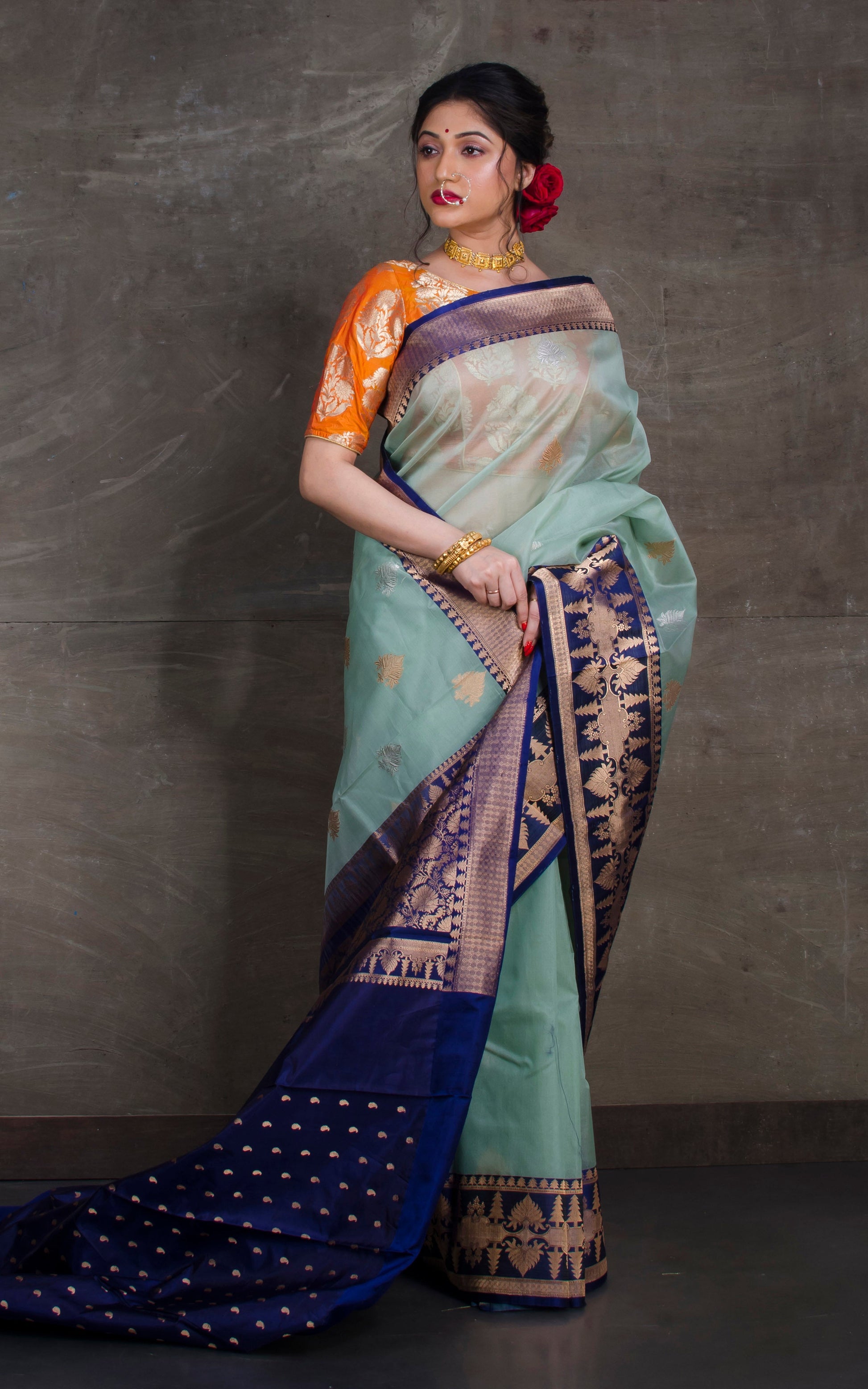 Pure Handloom Kora Silk Banarasi Saree in Pistachio and Denim Blue