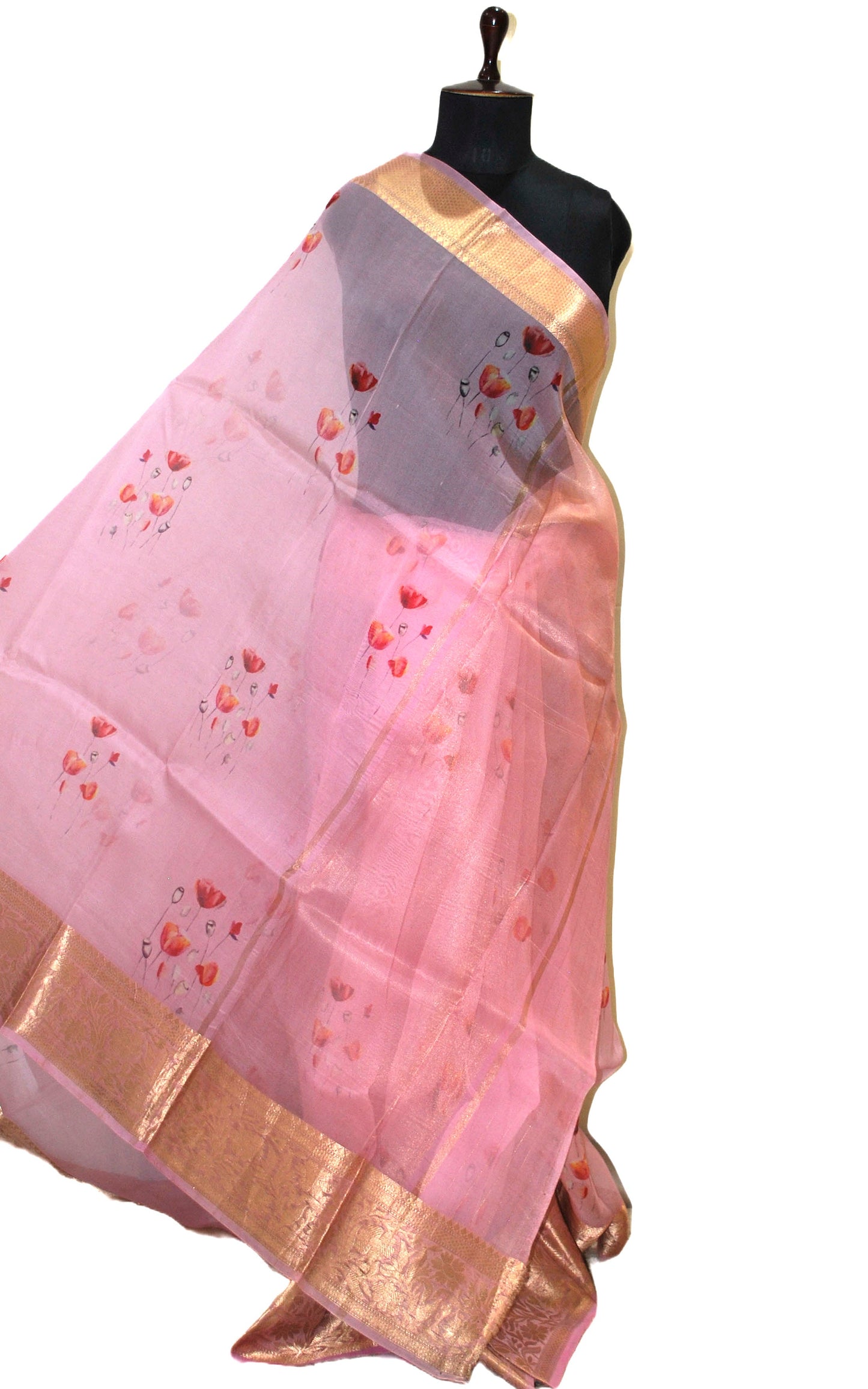 Digital Printed Handloom Kora Silk Banarasi Saree in Pink, Plum Red and Brush Golden Zari