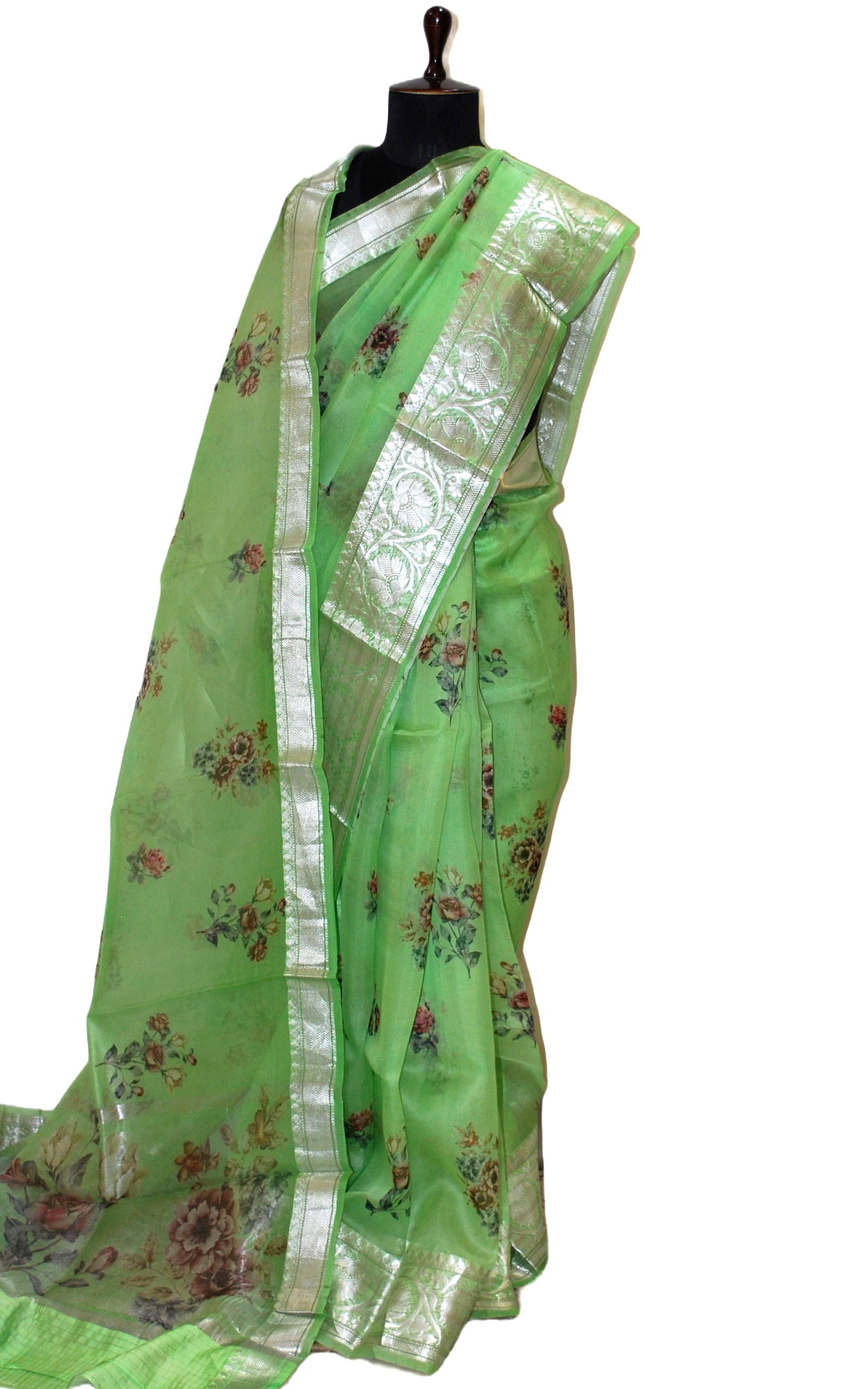 Digital Printed Handloom Kora Silk Banarasi Saree in Mint Green, Multicolored and Antique Silver Zari