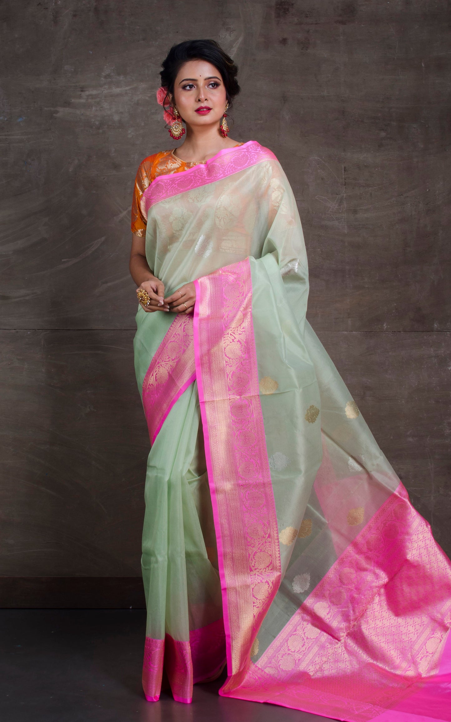 Pure Handloom Kora Silk Banarasi Saree in Sage Green, Taffy Pink and Antique Gold