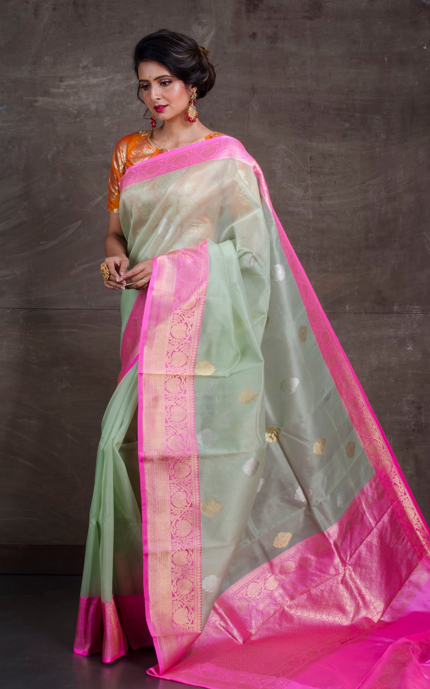 Pure Handloom Kora Silk Banarasi Saree in Sage Green, Taffy Pink and Antique Gold