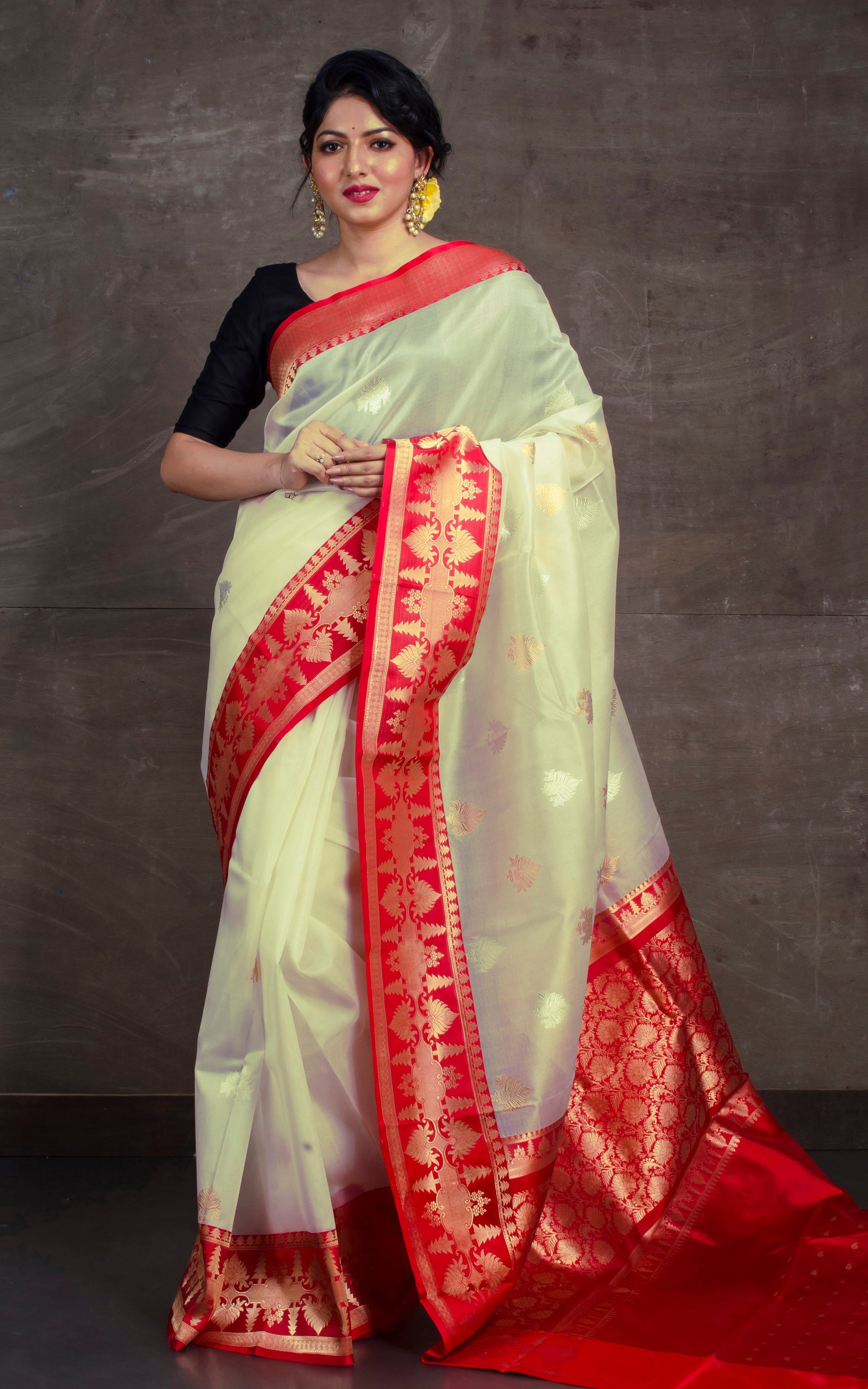 Pure Handloom Kora Silk Banarasi Saree in Off White and Red