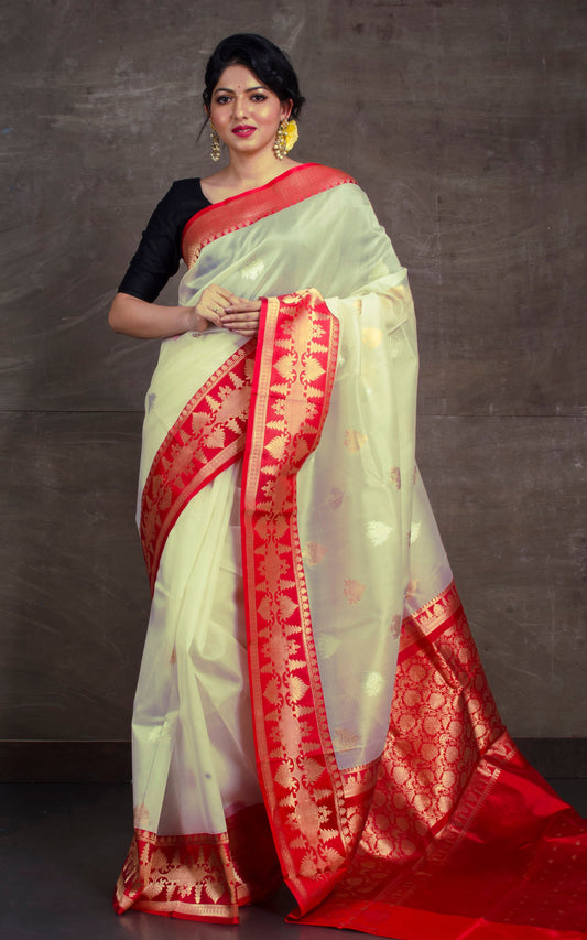 Pure Handloom Kora Silk Banarasi Saree in Off White and Red