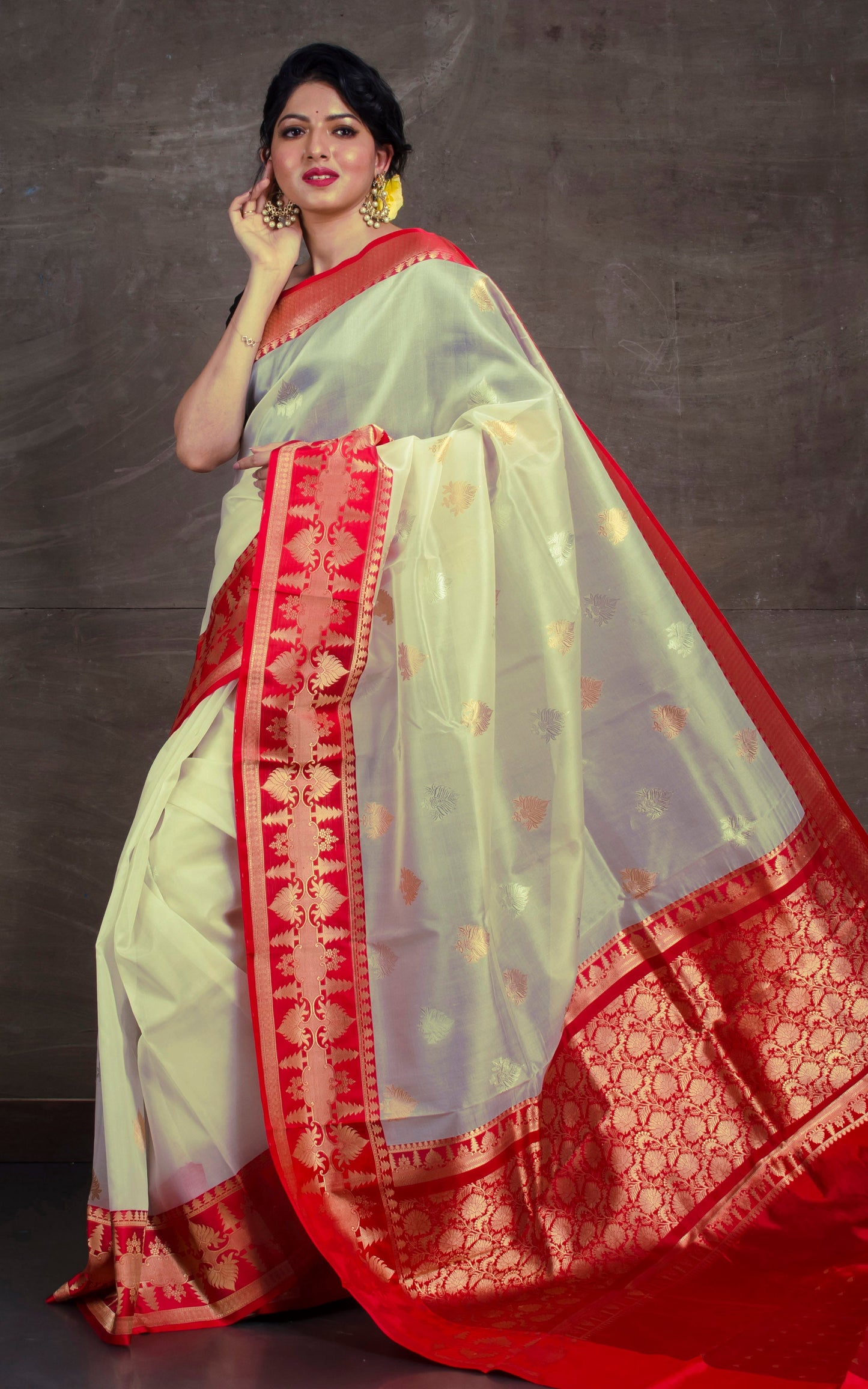 Pure Handloom Kora Silk Banarasi Saree in Off White and Red