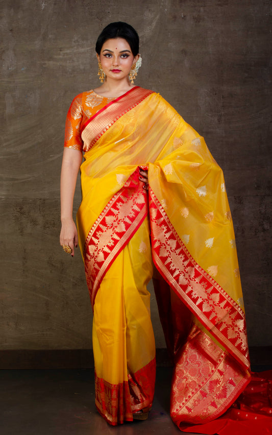 Pure Handloom Kora Silk Banarasi Saree in Golden Yellow and Red