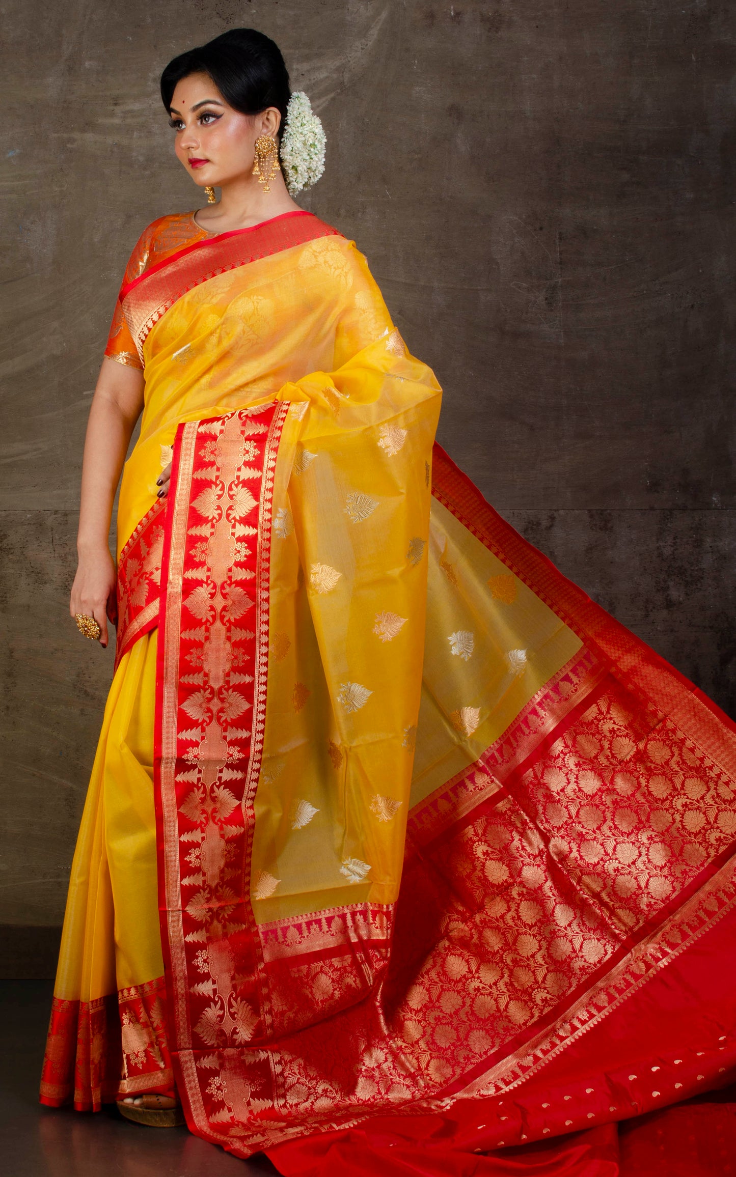 Pure Handloom Kora Silk Banarasi Saree in Golden Yellow and Red