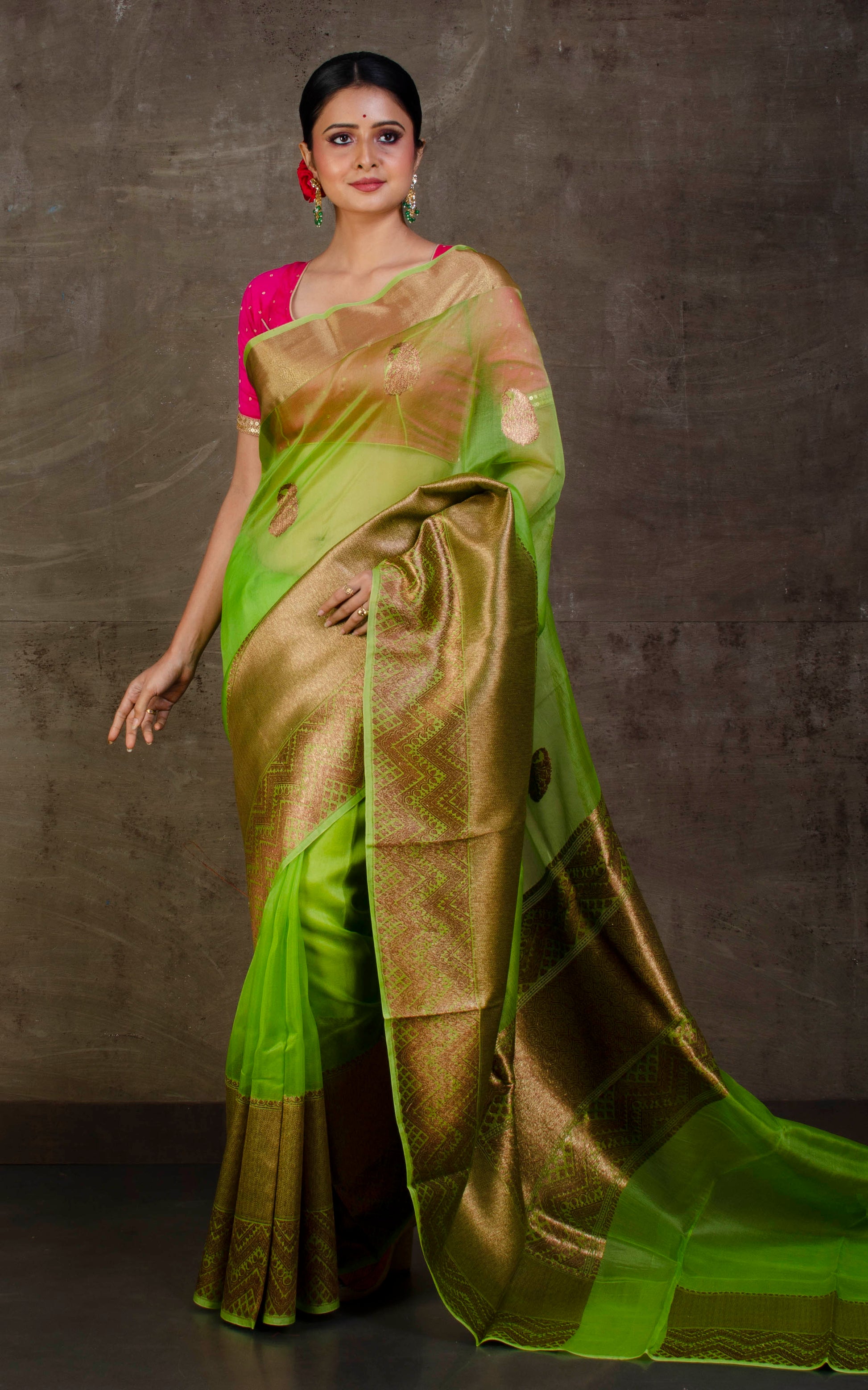 Pure Handloom Kora Silk Banarasi Saree in Leaf Green and Antique Gold