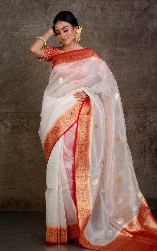 Pure Handloom Kora Silk Banarasi Saree in White, Red and Gold