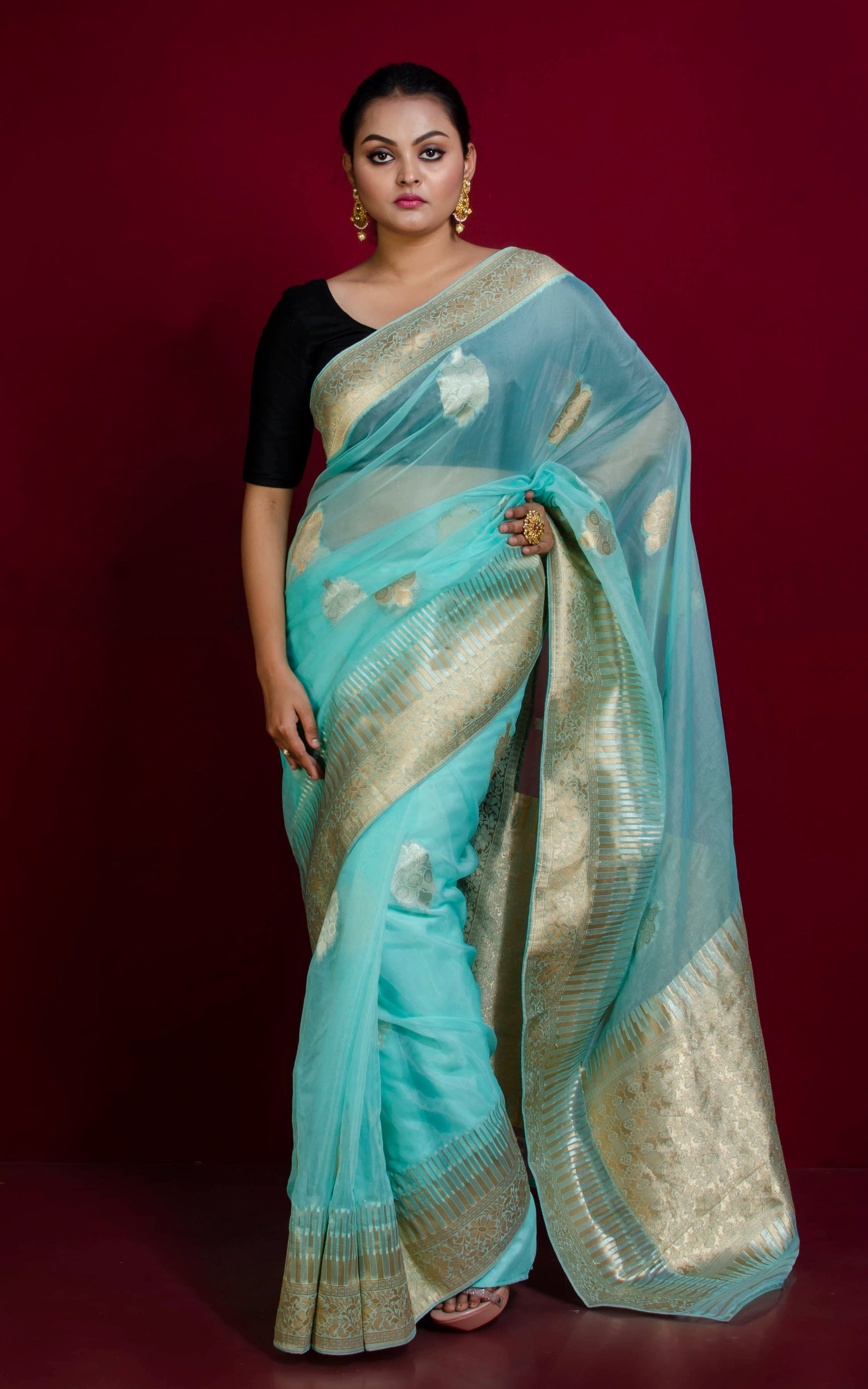 Organza Silk Banarasi Saree in Celeste Blue, Silver and Muted Gold