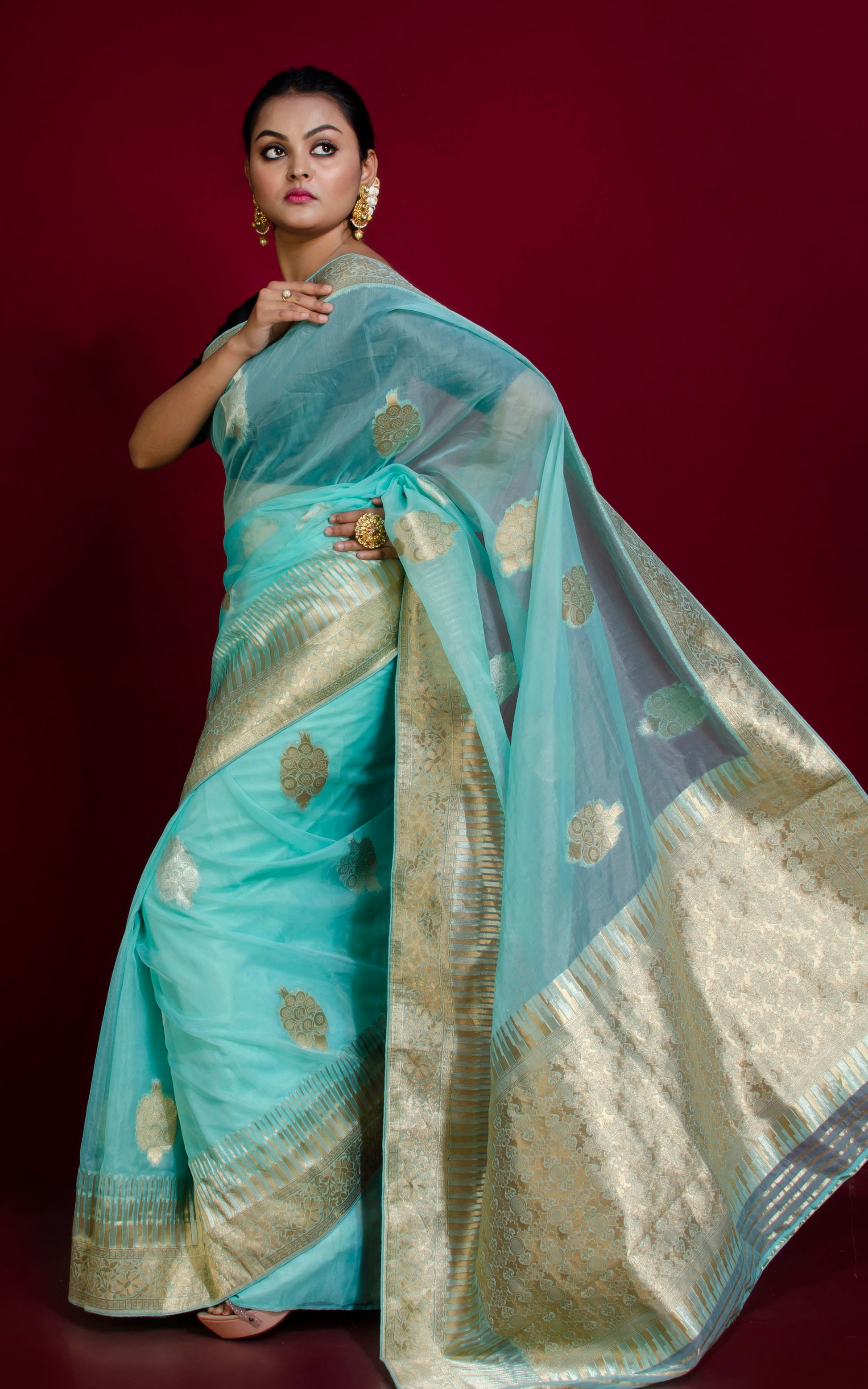 Organza Silk Banarasi Saree in Celeste Blue, Silver and Muted Gold