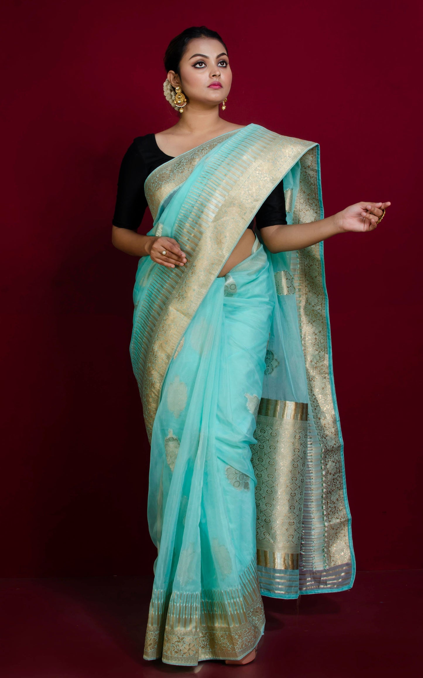 Organza Silk Banarasi Saree in Celeste Blue, Silver and Muted Gold