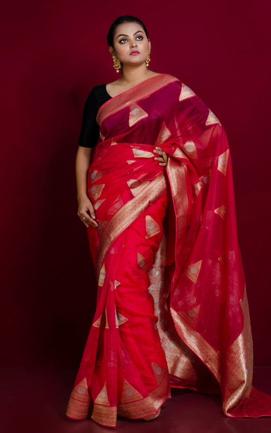 Organza Silk Banarasi Saree in Bright Pink, Silver and Muted Gold