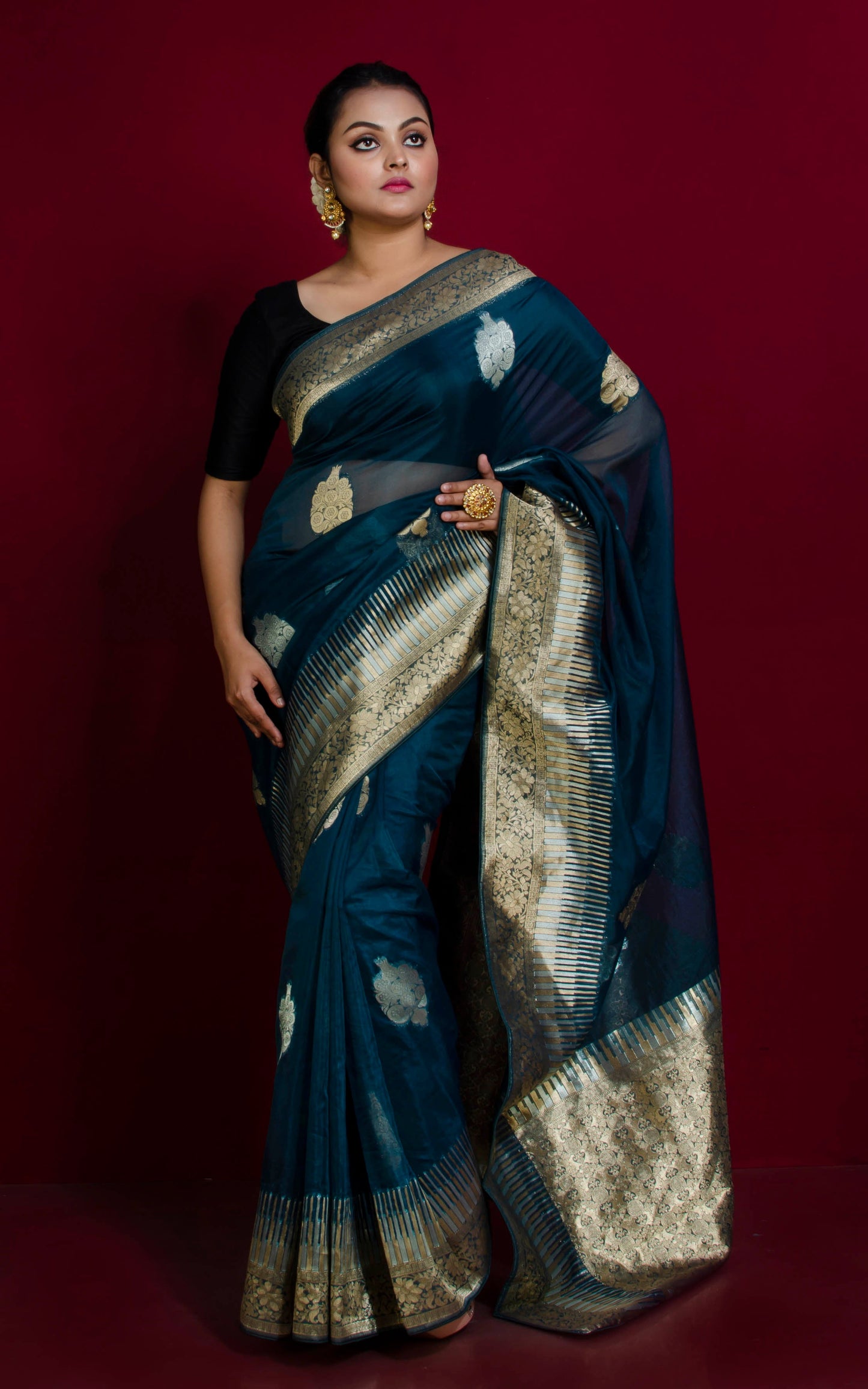 Organza Silk Banarasi Saree in Phthalocyanine Green, Silver and Muted Gold