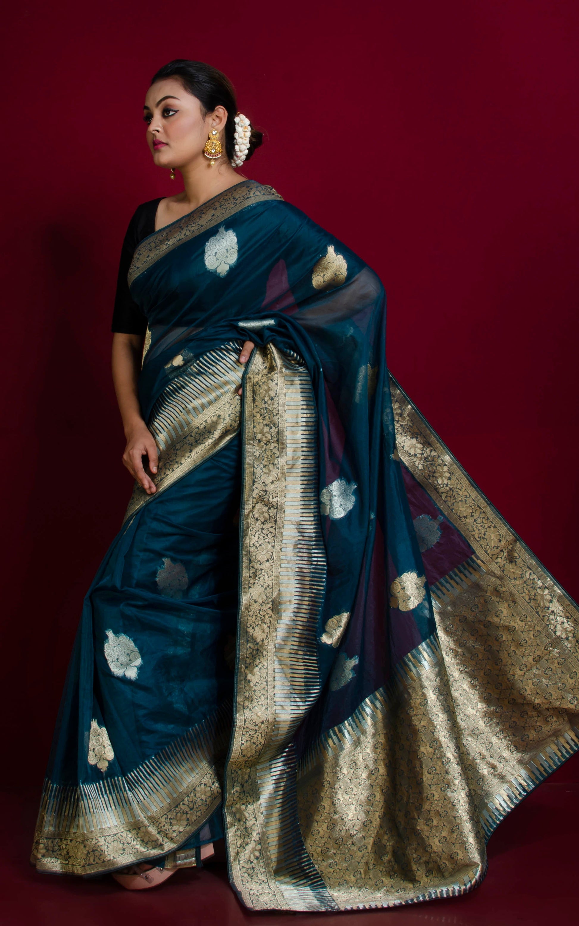 Organza Silk Banarasi Saree in Phthalocyanine Green, Silver and Muted Gold