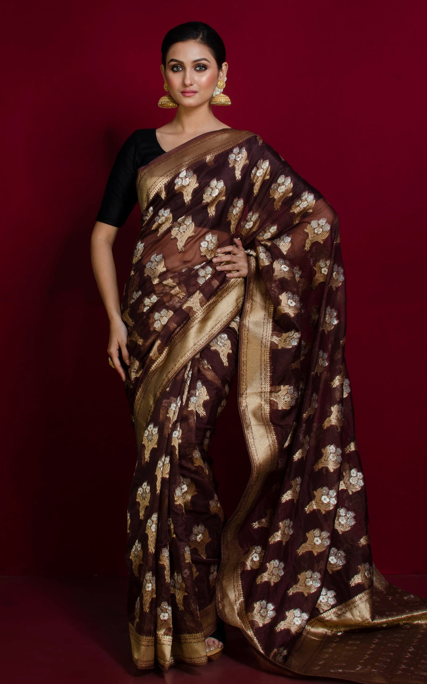 Organza Silk Banarasi Saree in Dark Brown, Silver and Muted Gold