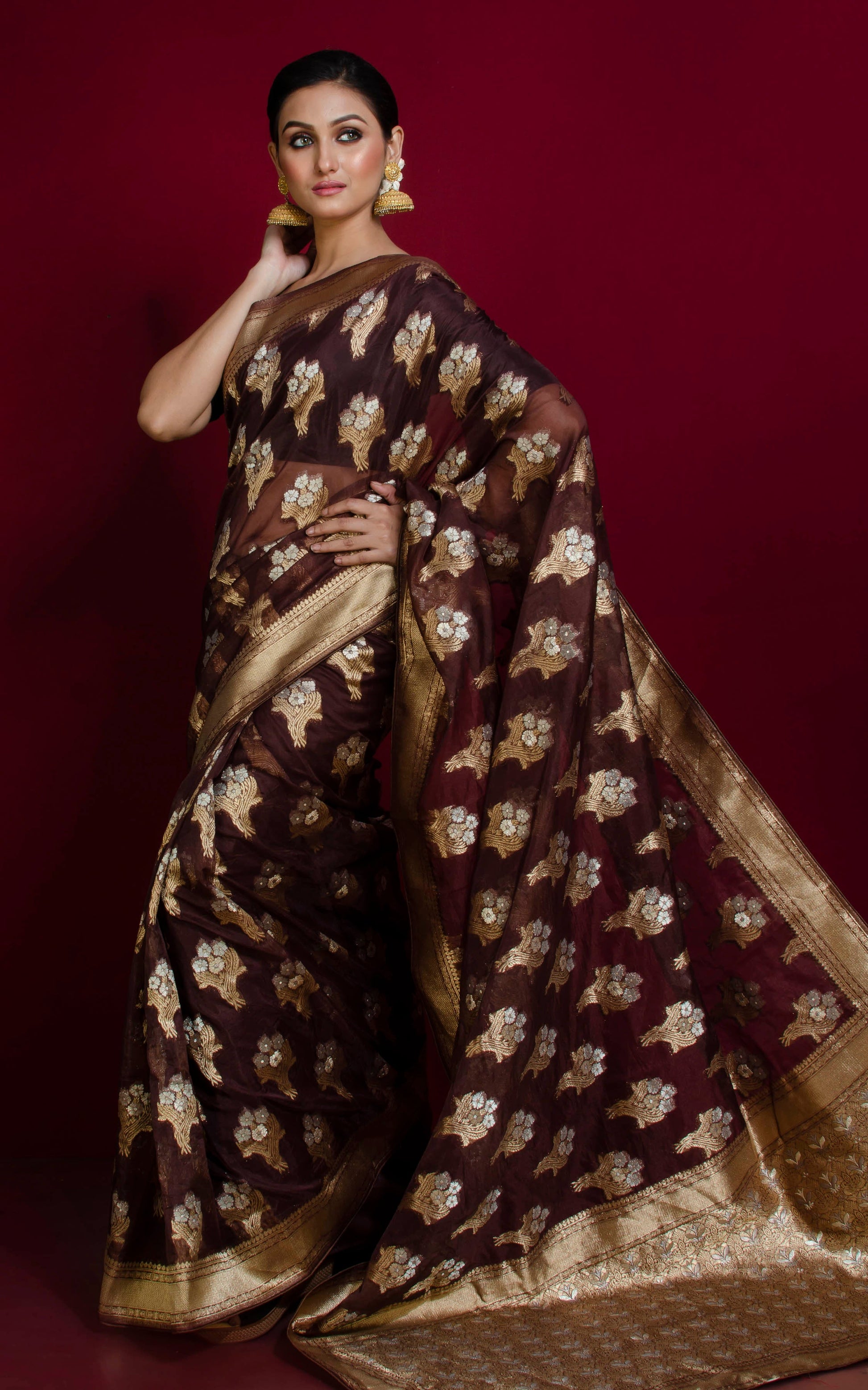 Organza Silk Banarasi Saree in Dark Brown, Silver and Muted Gold