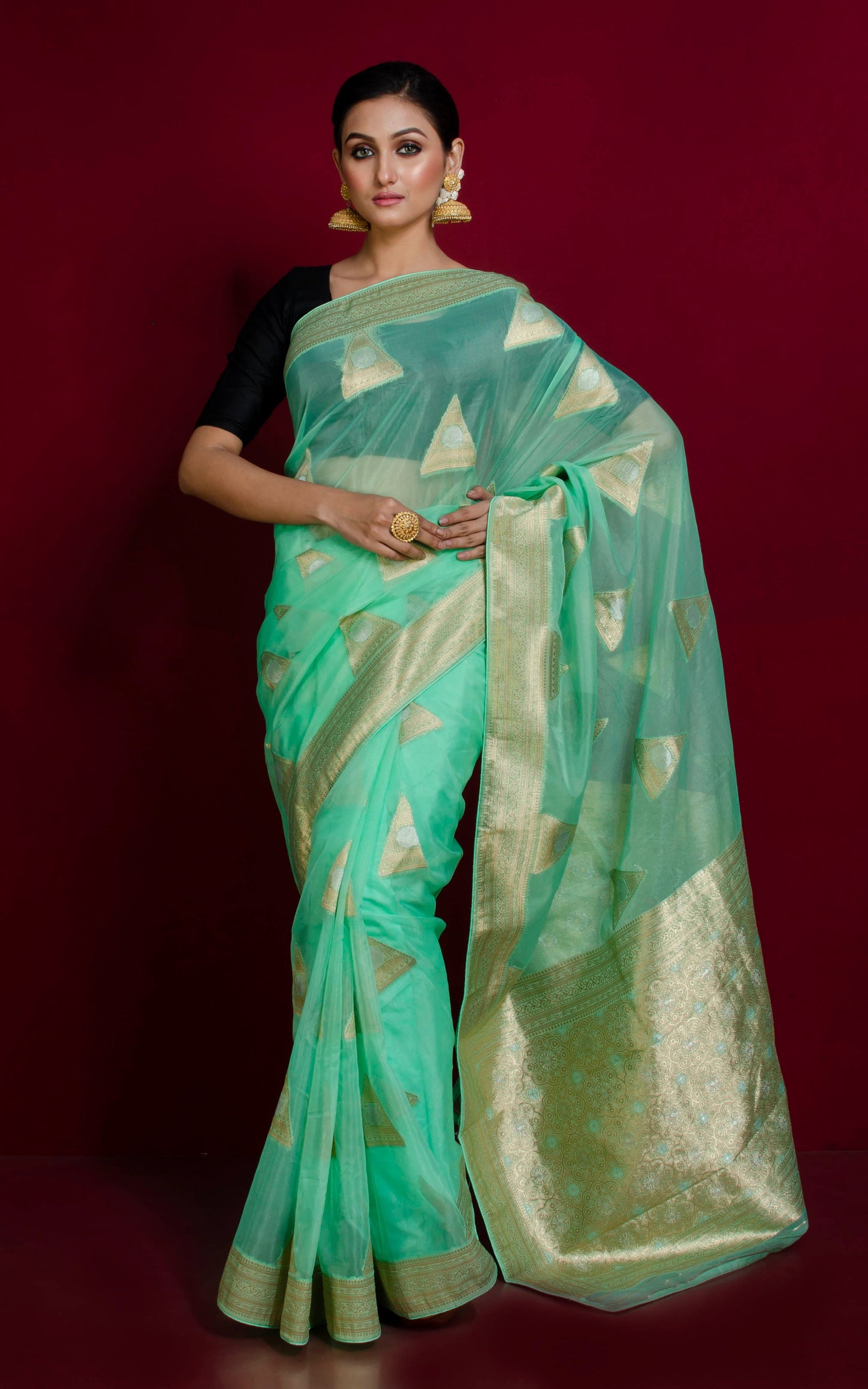 Organza Silk Banarasi Saree in Light Seafoam Green, Silver and Muted Gold