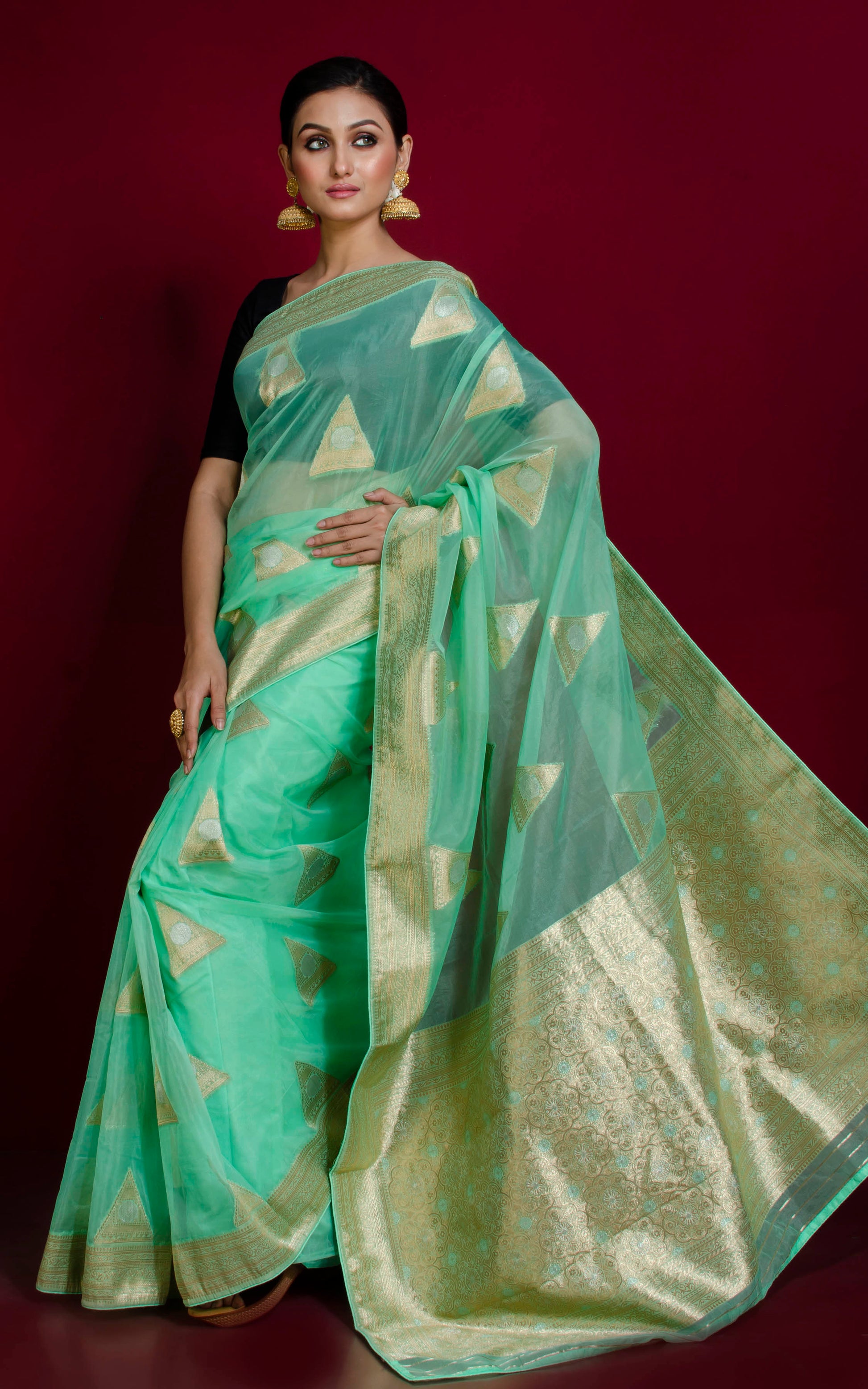 Organza Silk Banarasi Saree in Light Seafoam Green, Silver and Muted Gold