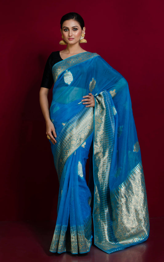 Organza Silk Banarasi Saree in Firoza, Silver and Muted Gold