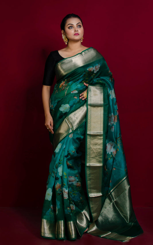 Digital Printed Handloom Kora Silk Banarasi Saree in Castleton Green, Brush Gold and Multicolored