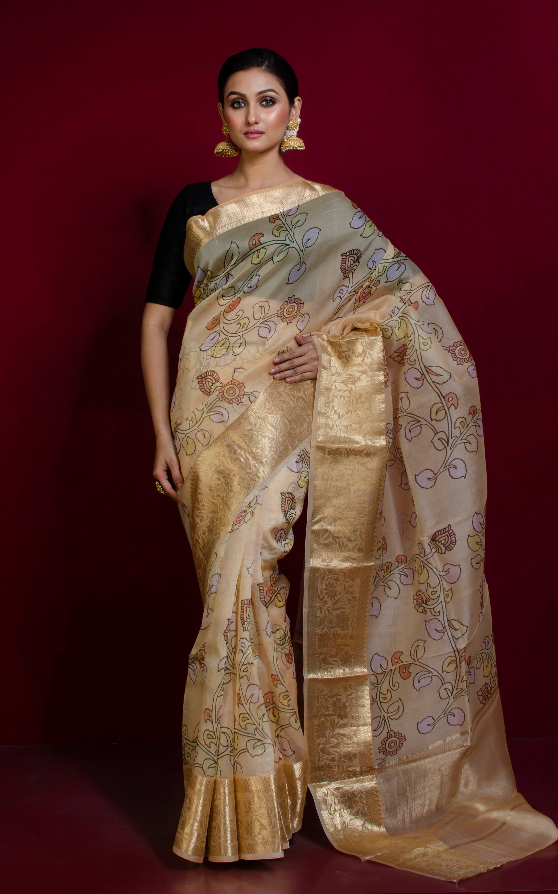 Digital Printed Handloom Kora Silk Banarasi Saree in Sand, Brush Gold and Multicolored