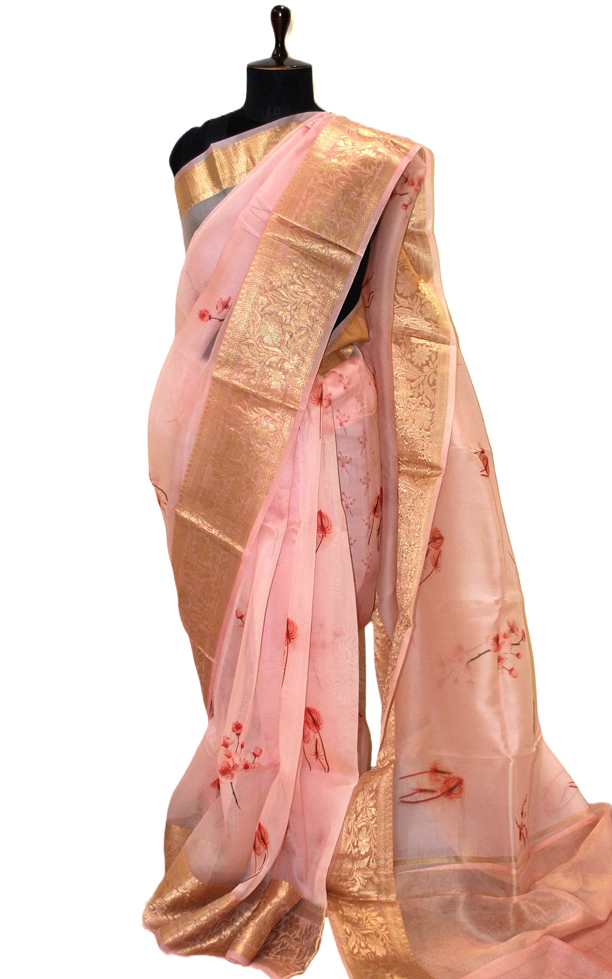 Digital Printed Handloom Kora Silk Banarasi Saree in Peach, Plum Red and Brush Golden Zari