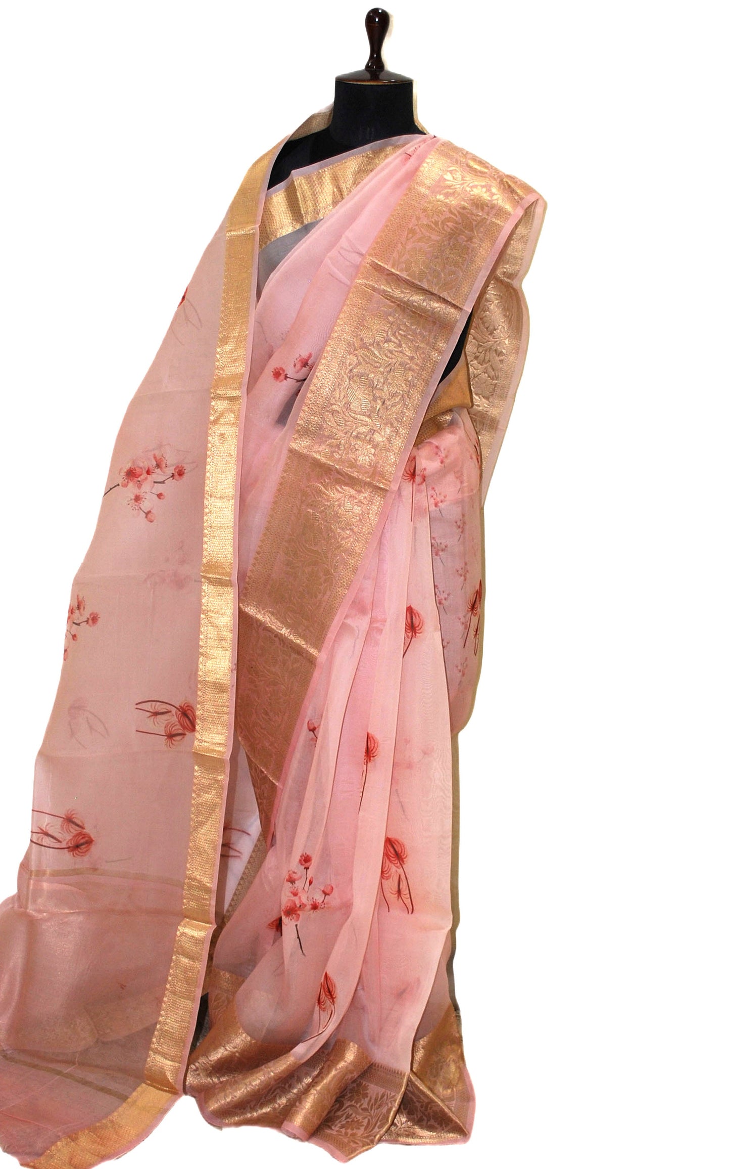 Digital Printed Handloom Kora Silk Banarasi Saree in Peach, Plum Red and Brush Golden Zari