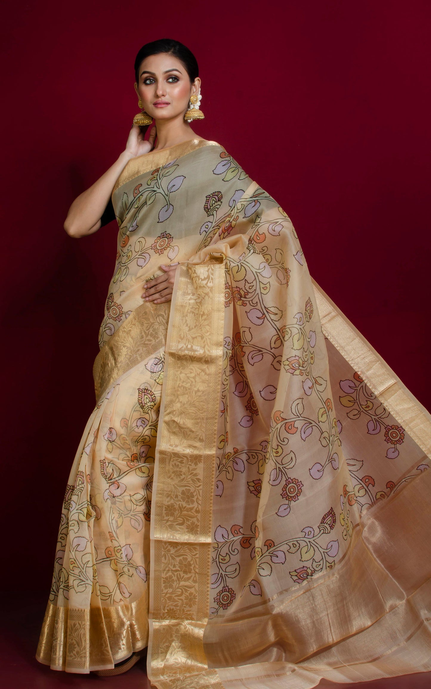 Digital Printed Handloom Kora Silk Banarasi Saree in Sand, Brush Gold and Multicolored