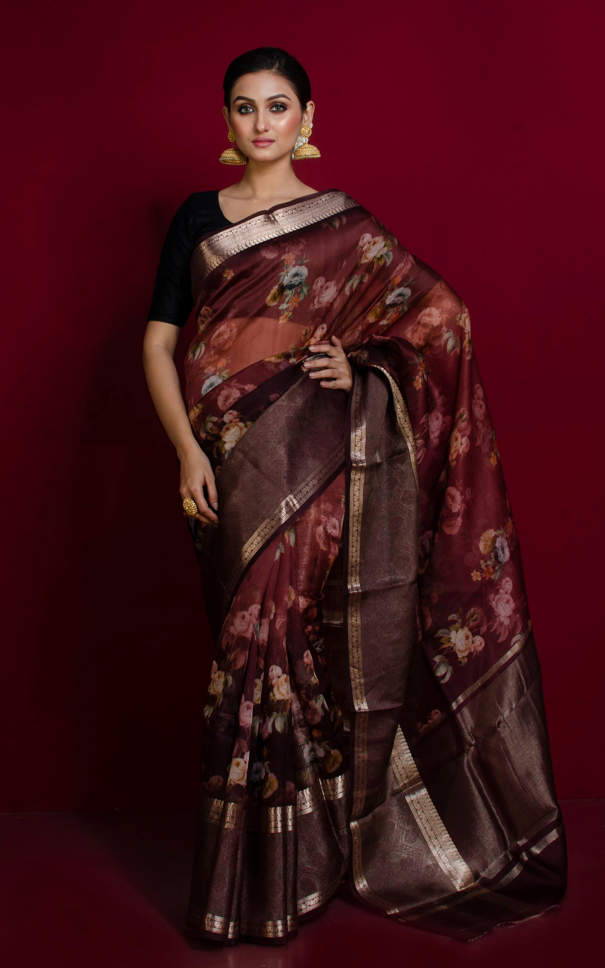 Digital Printed Handloom Kora Silk Banarasi Saree in Dark Brown, Brush Gold and Multicolored