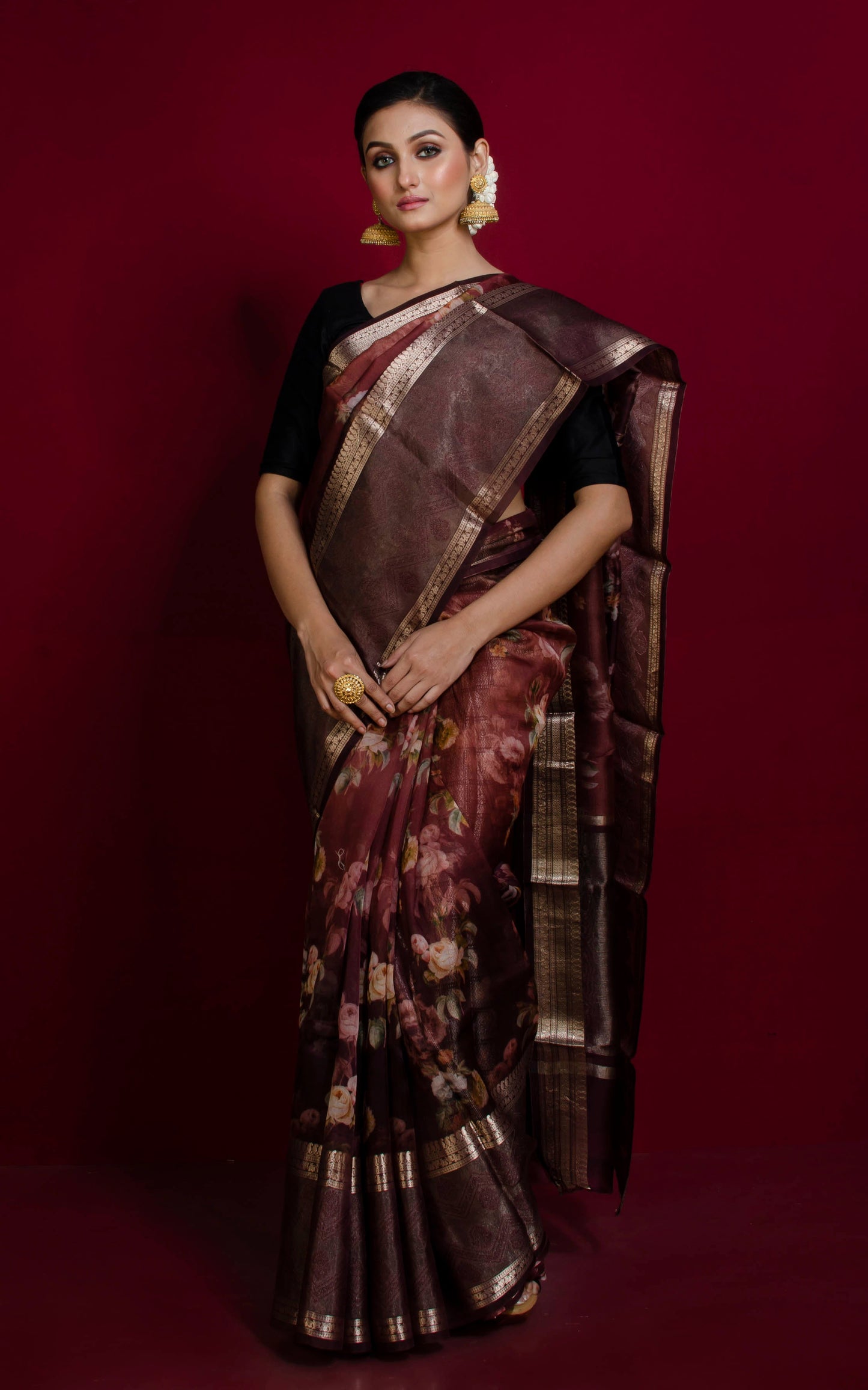 Digital Printed Handloom Kora Silk Banarasi Saree in Dark Brown, Brush Gold and Multicolored