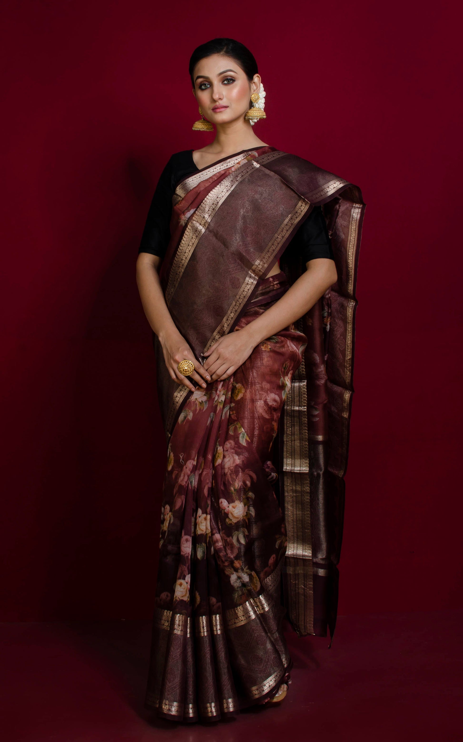 Digital Printed Handloom Kora Silk Banarasi Saree in Dark Brown, Brush Gold and Multicolored