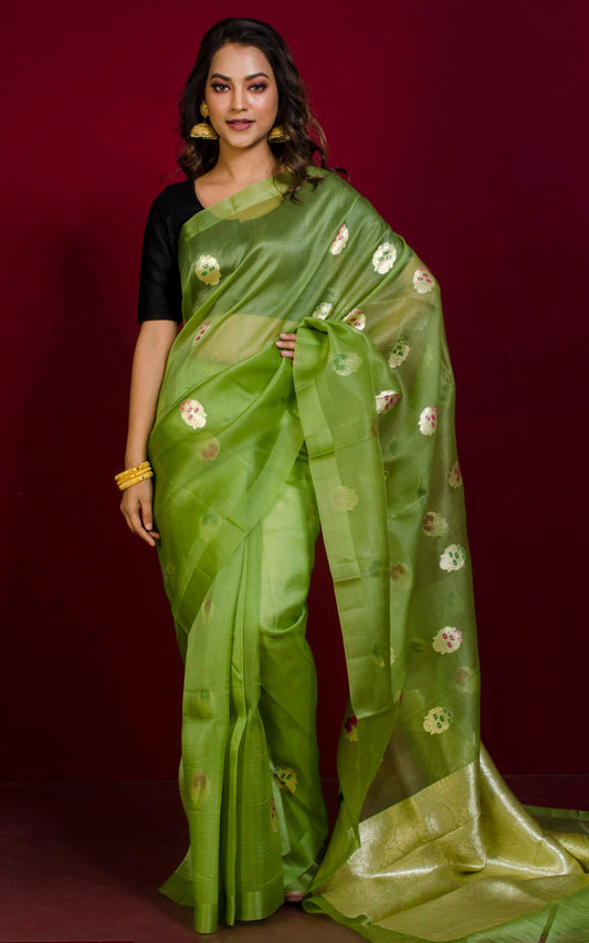 Designer Handloom Kora Silk Banarasi Saree in Pear Green and Pale Gold