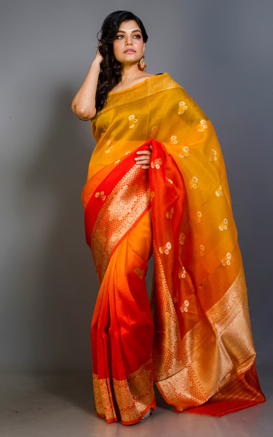 Dual Shaded Pure Handloom Kora Silk Banarasi Saree in Golden Yellow and Sunset Orange