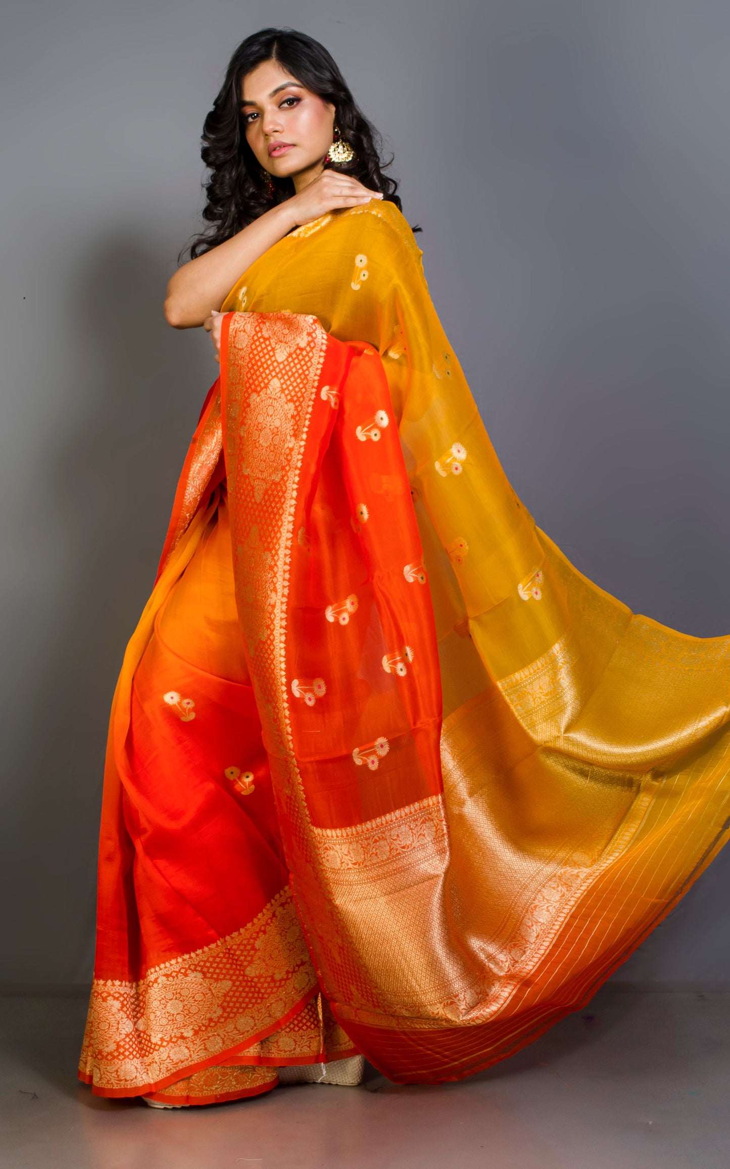 Dual Shaded Pure Handloom Kora Silk Banarasi Saree in Golden Yellow and Sunset Orange