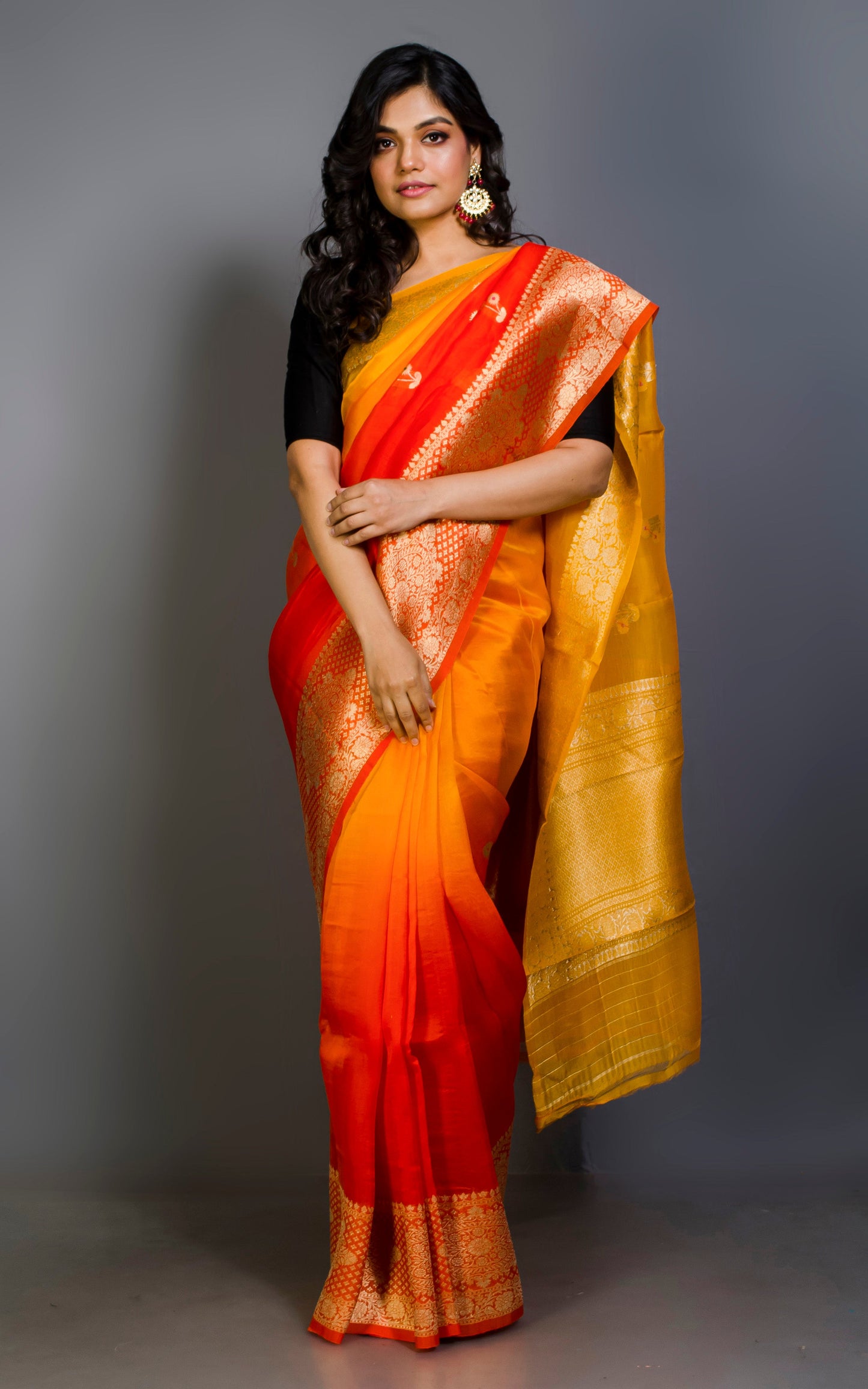 Dual Shaded Pure Handloom Kora Silk Banarasi Saree in Golden Yellow and Sunset Orange