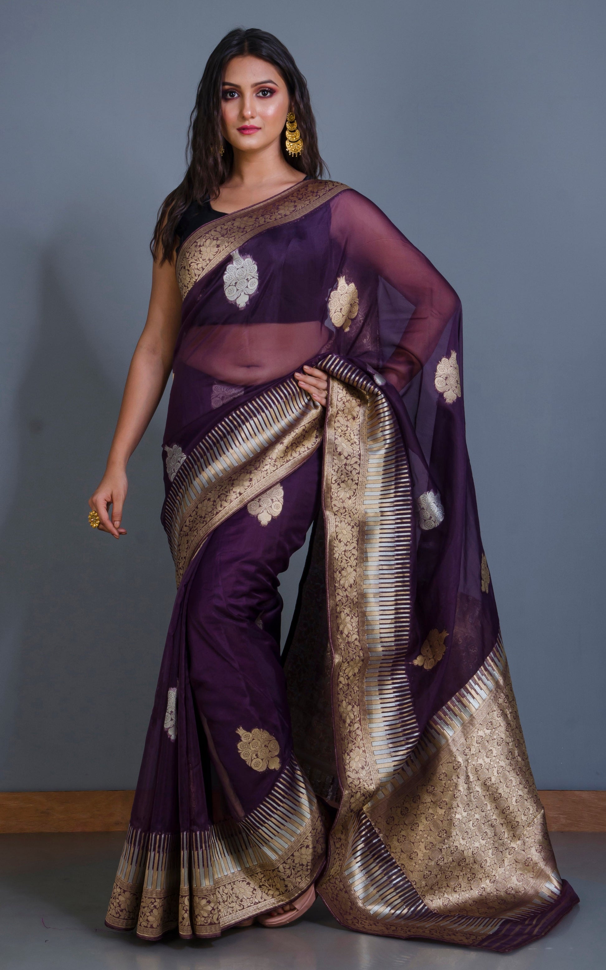 Organza Silk Banarasi Saree in Eggplant Purple, Silver and Muted Gold