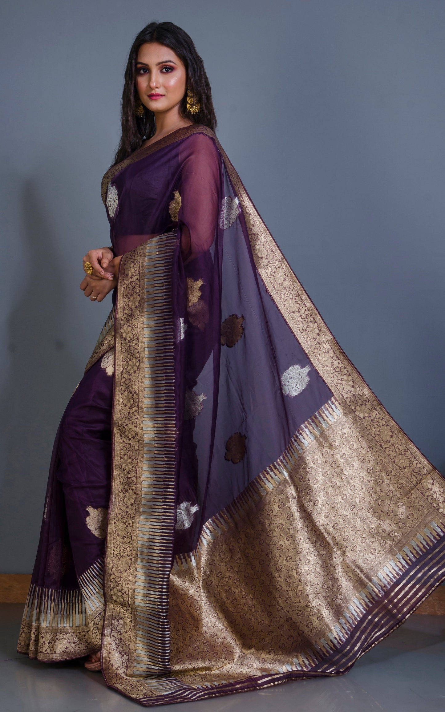 Organza Silk Banarasi Saree in Eggplant Purple, Silver and Muted Gold